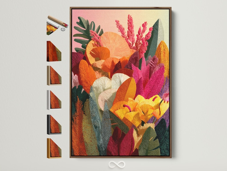 Colourful floral botanical artwork with orange and yellow blossoms, pink flowering spikes and green leaves