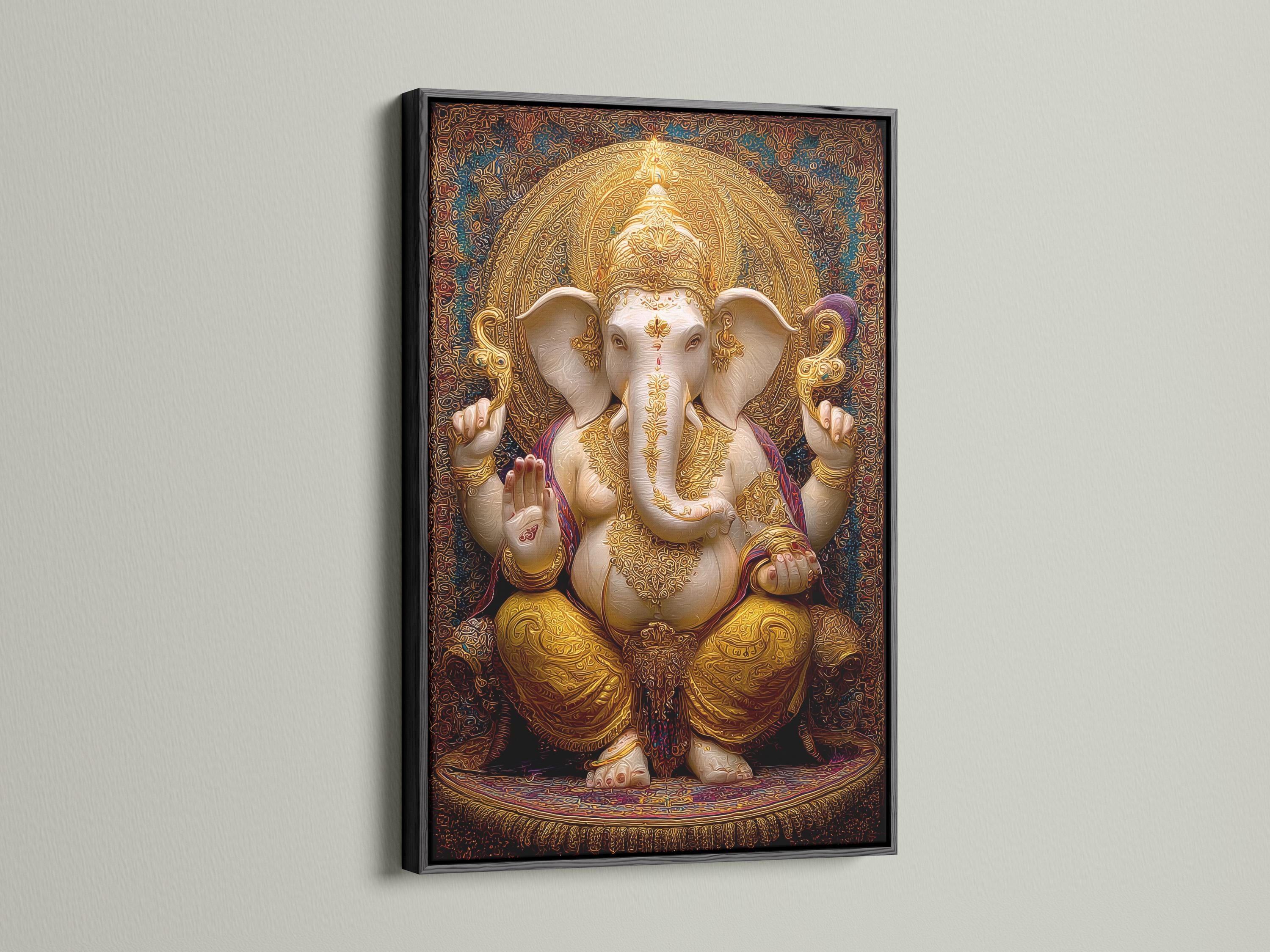 Room mockup showing a framed golden elephant-headed deity artwork with ornate halo design