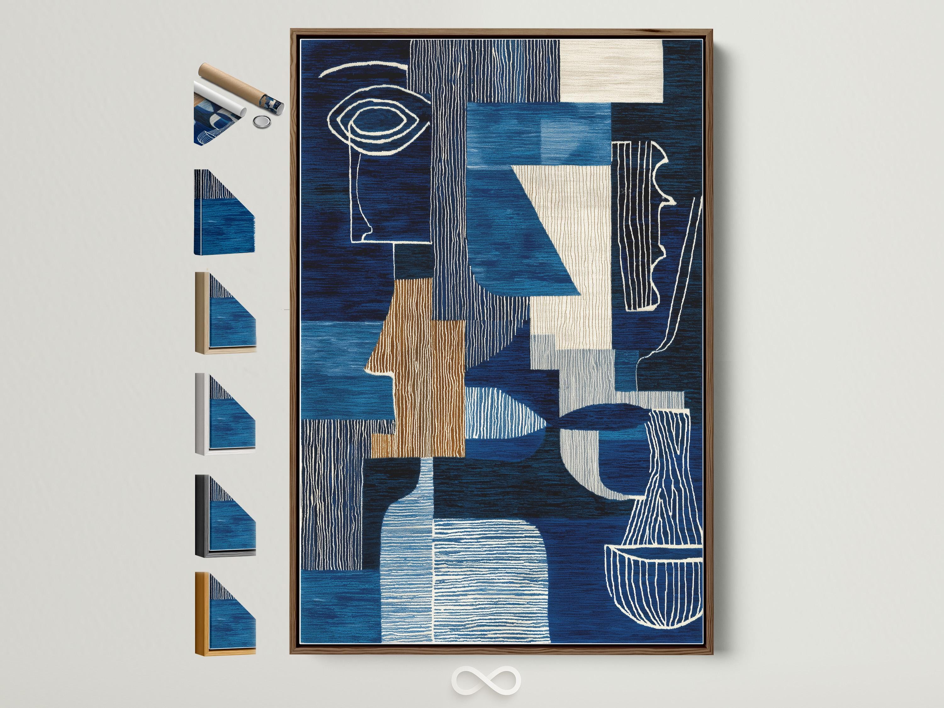 Woman holding a cup in a cafe-like space with a framed blue abstract face artwork on the wall