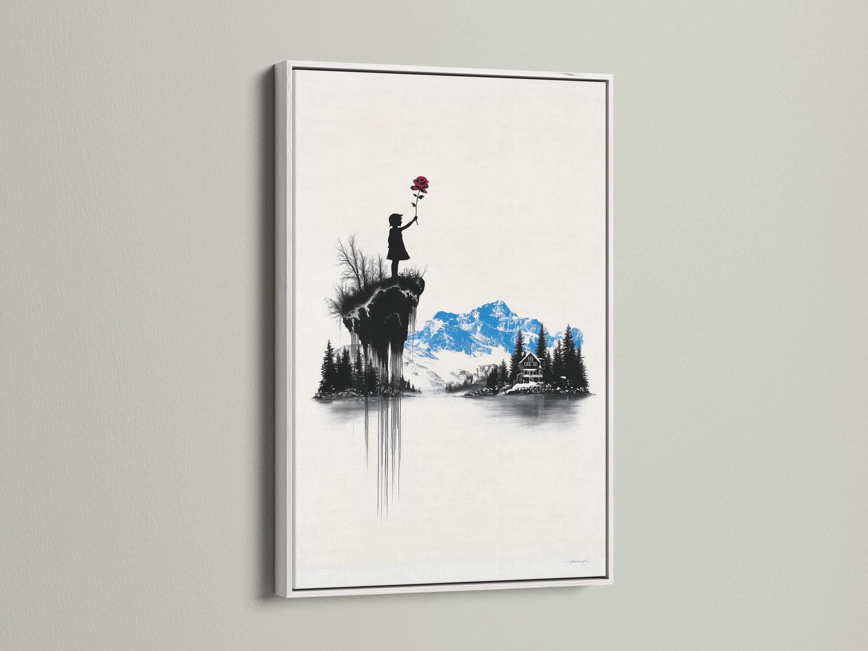 Room mockup showing a framed artwork of a monochrome mountain scene with a girl silhouette holding a red rose