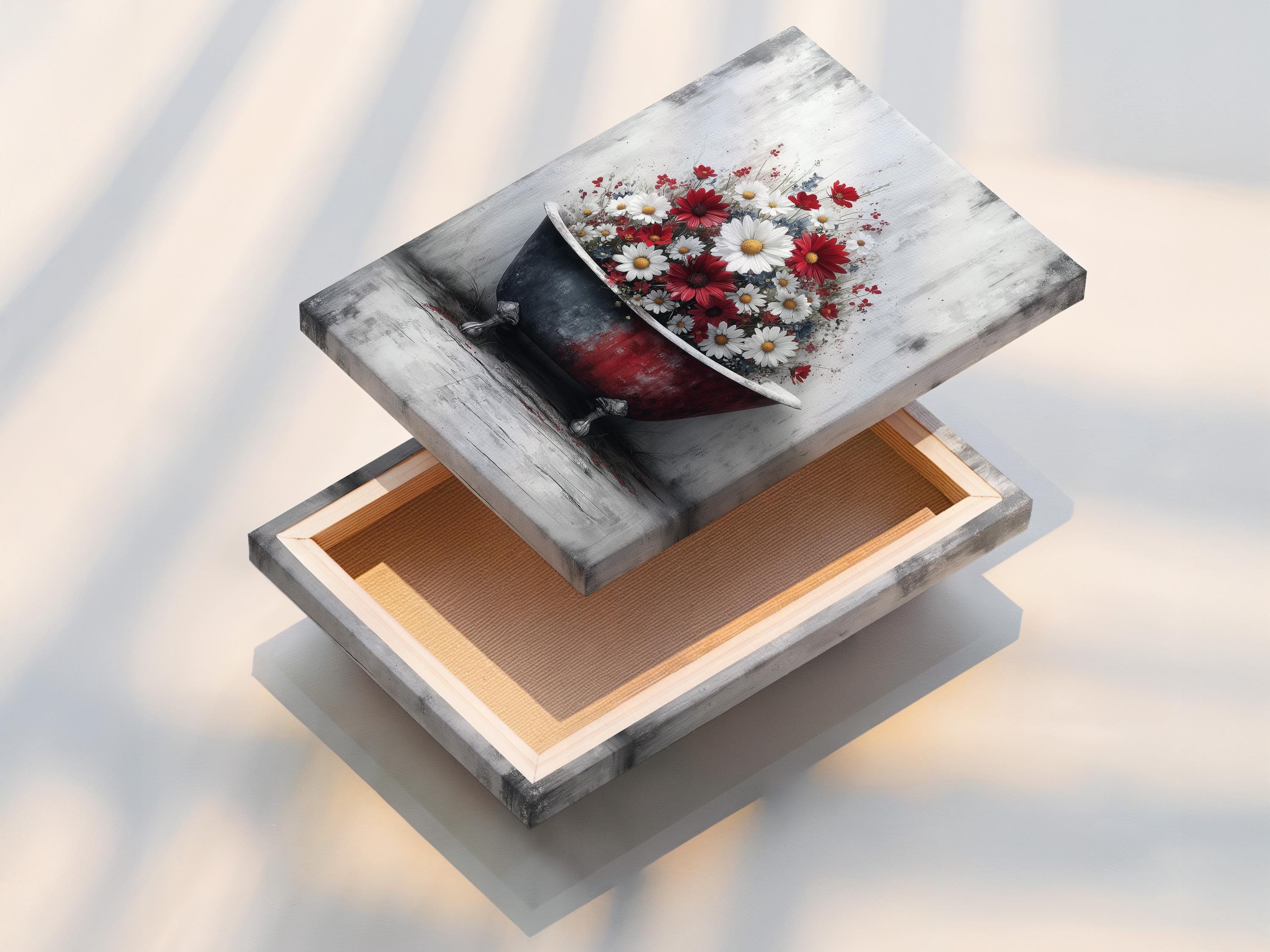 Vintage bathtub filled with red and white daisies on a distressed grey background detail view