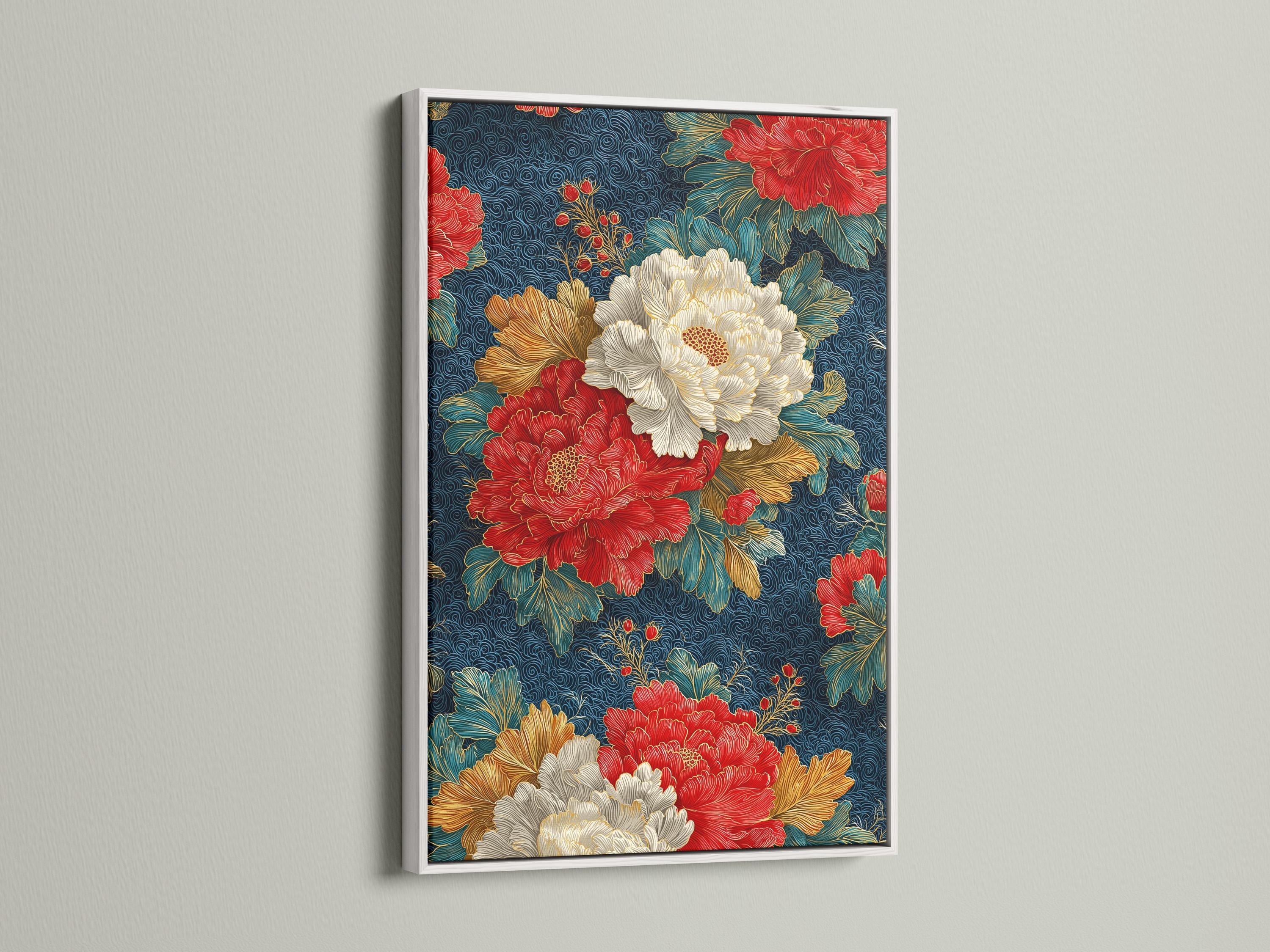 Peony floral artwork displayed in a frame over a light background, with alternate frame options shown