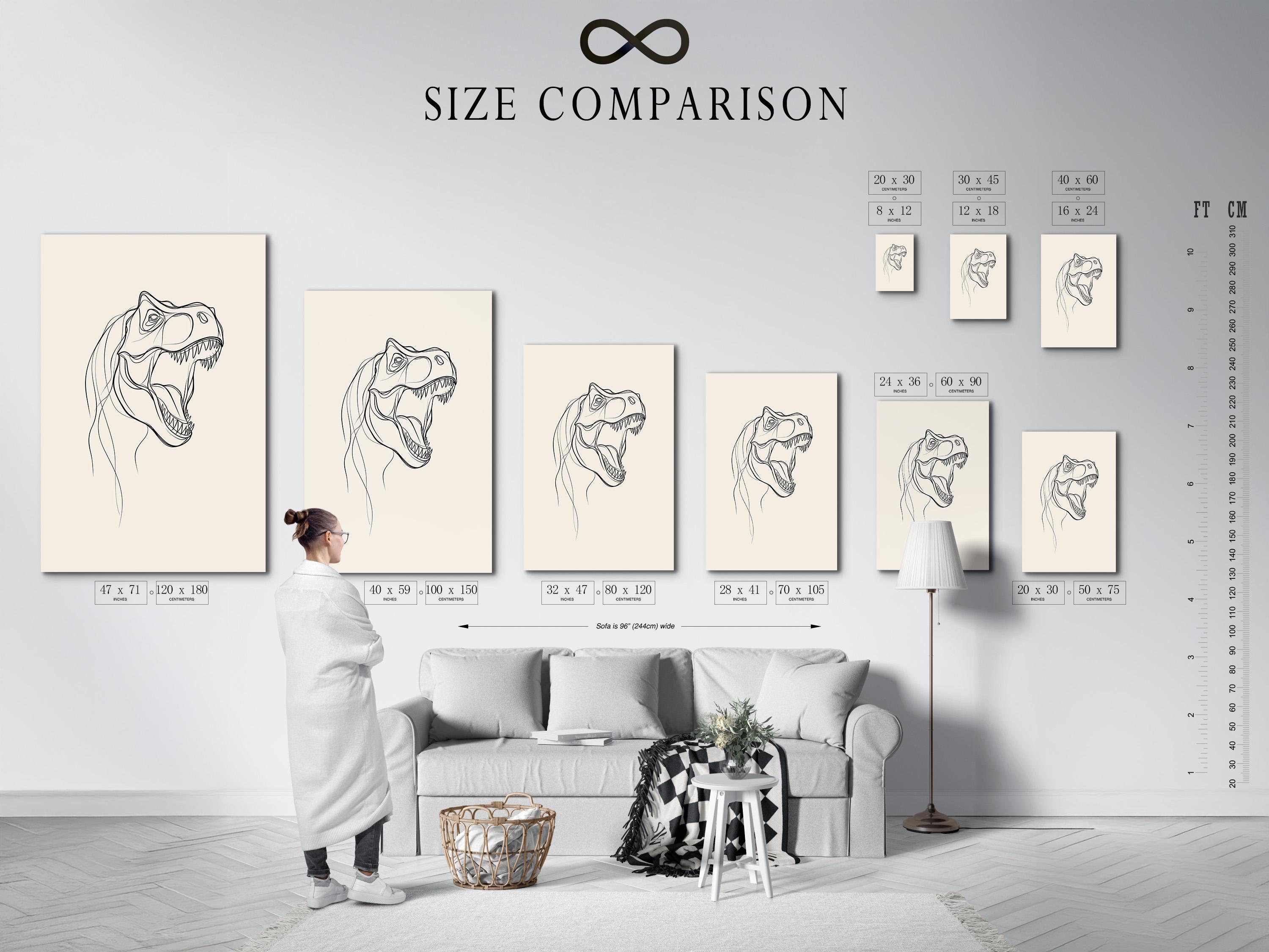 T-rex line art wall mockup with a framed black line drawing on an off-white background