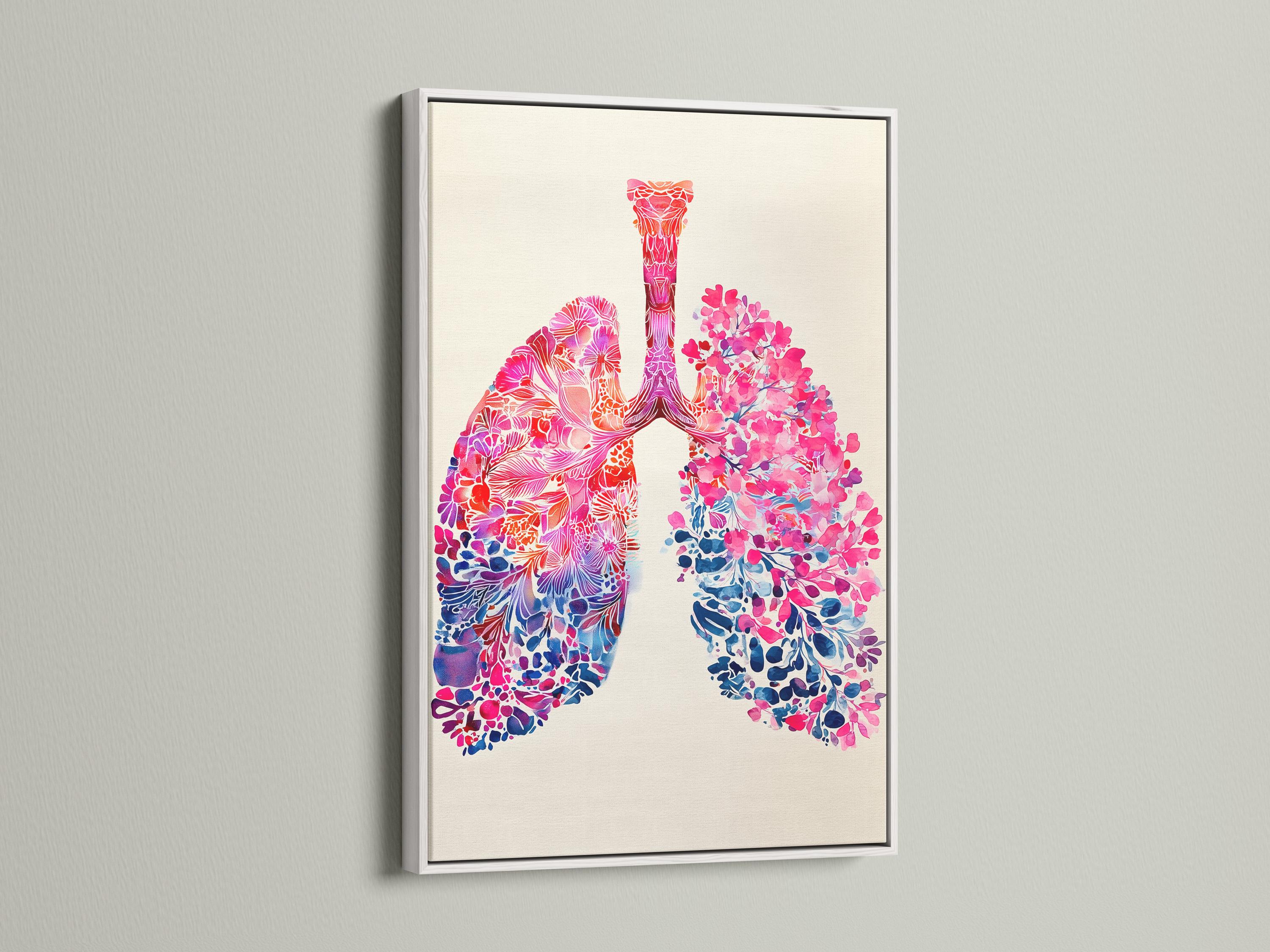 Room mockup showing a framed floral lungs artwork with pink and blue anatomy details
