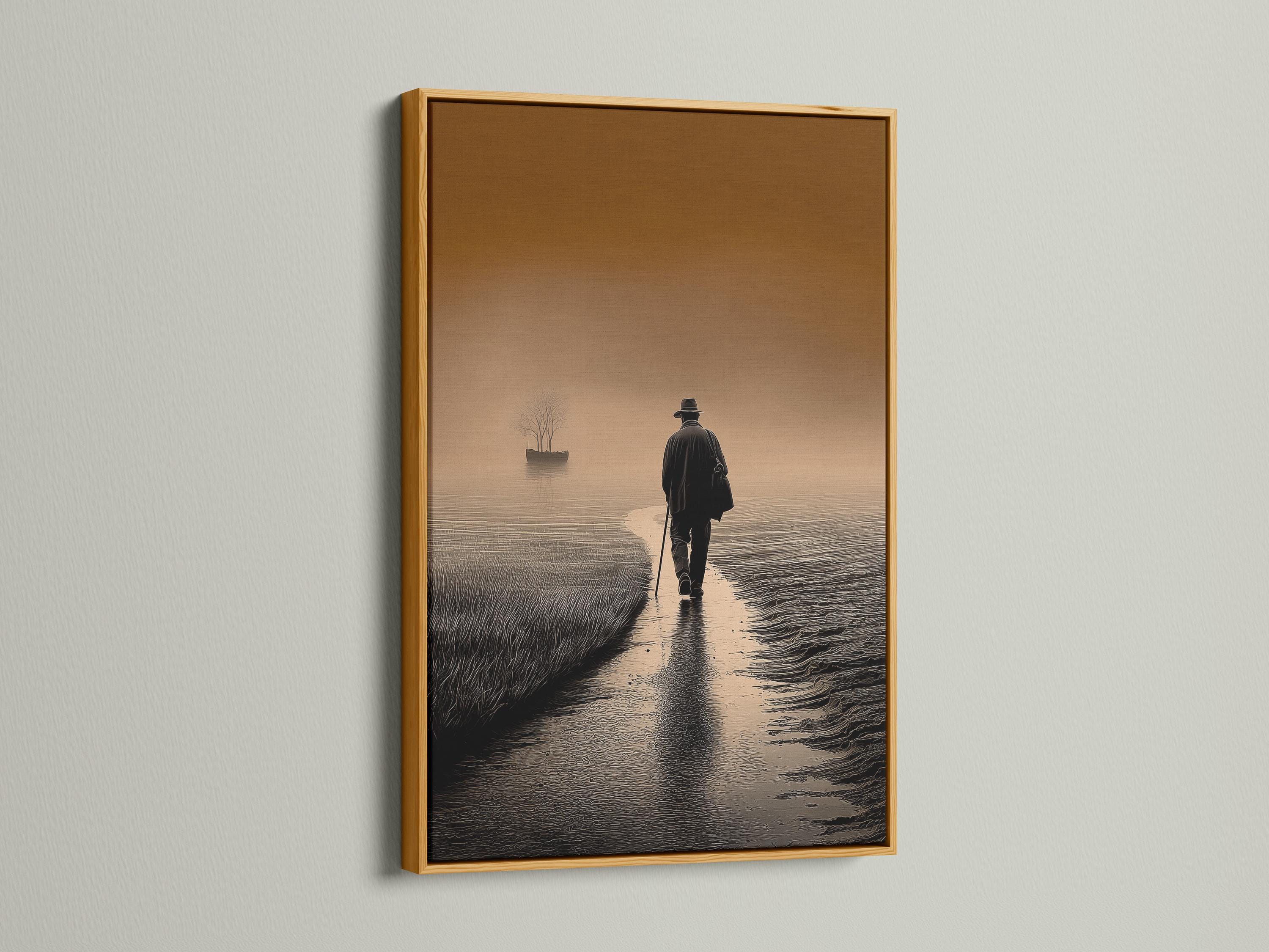 Warm brown and beige seascape with a lone walker on a rippled shoreline and a leafless tree on the horizon detail view