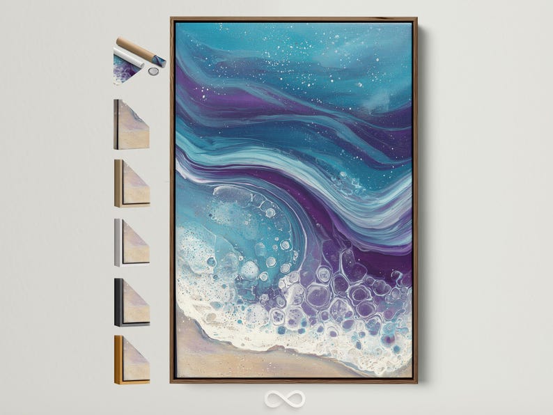Fluid abstract ocean waves in teal and purple with bubble-like foam highlights