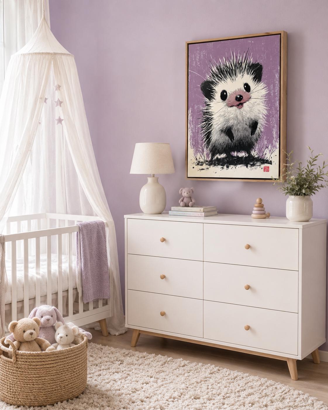 Hedgehog illustration in black and white on a textured lilac-purple background detail view