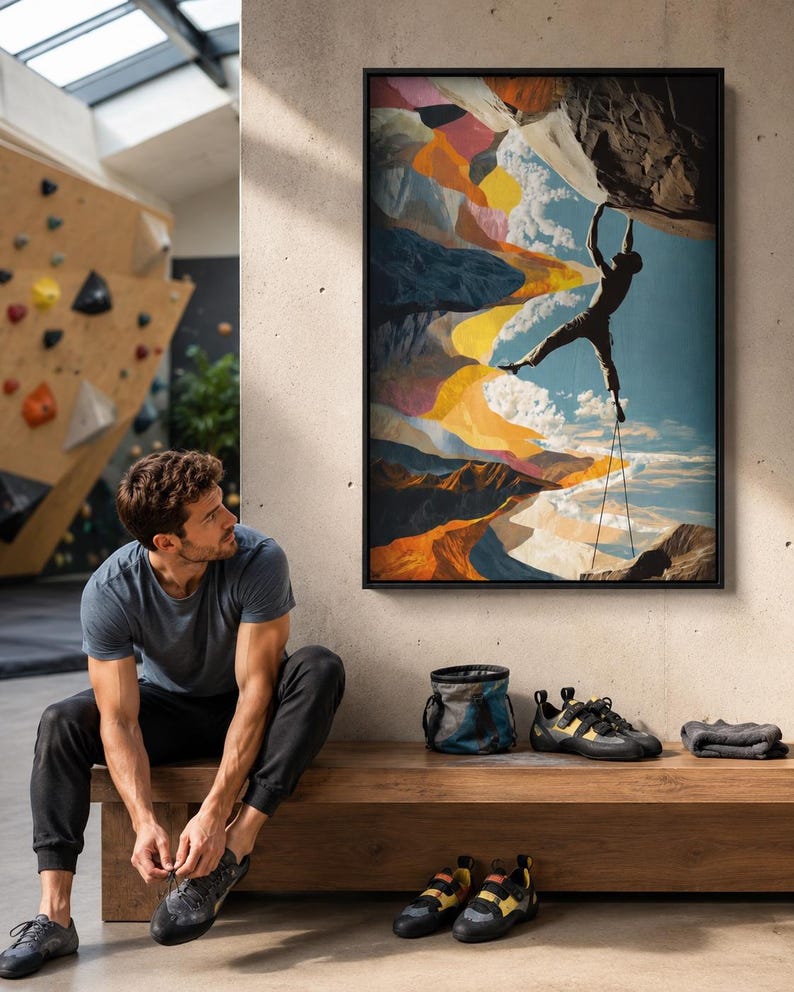 Silhouetted rock climber with rope against a stylised mountain landscape in blue, orange and yellow