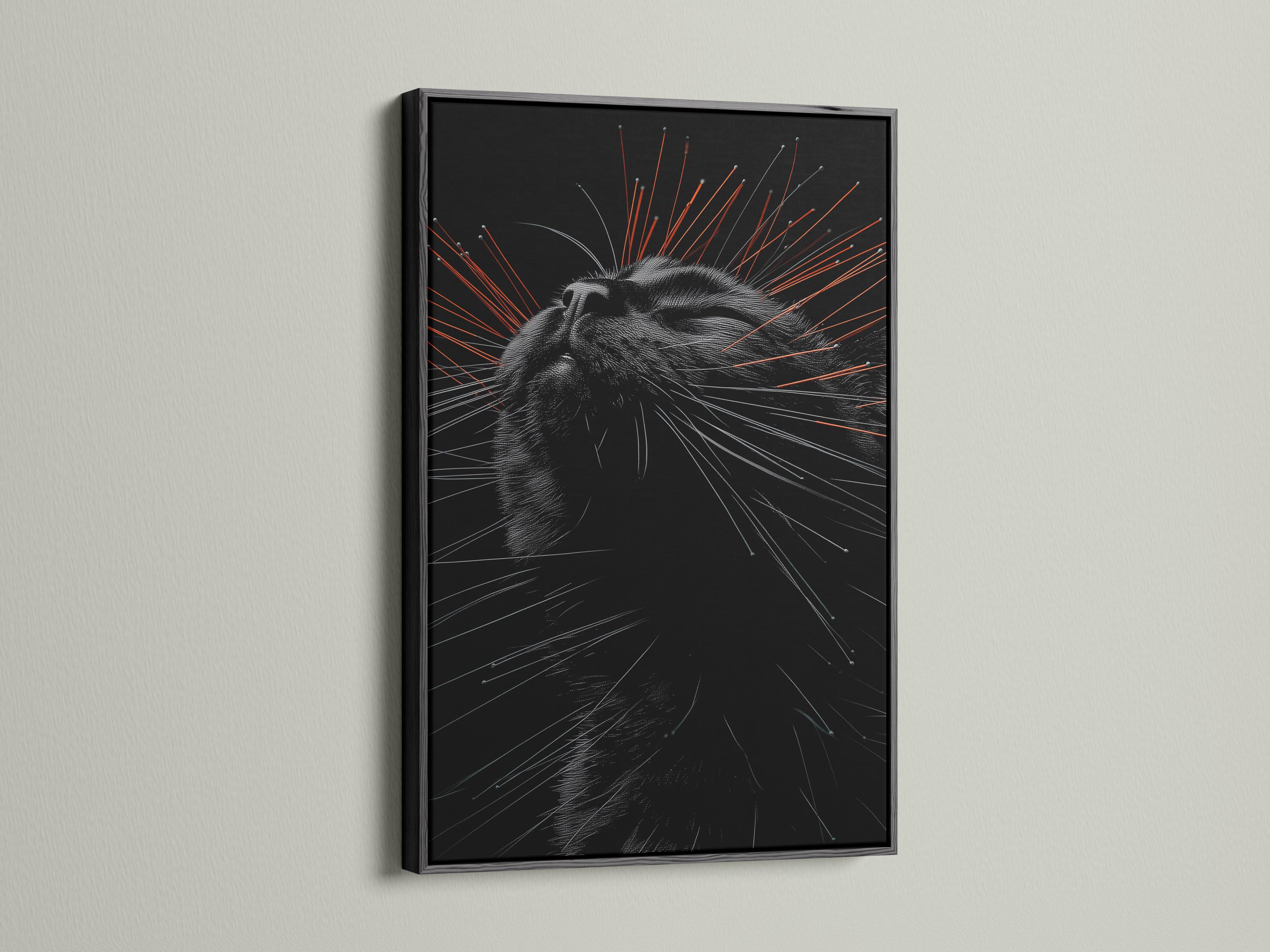 Stylised black cat portrait with radiating grey lines and orange streak accents detail view