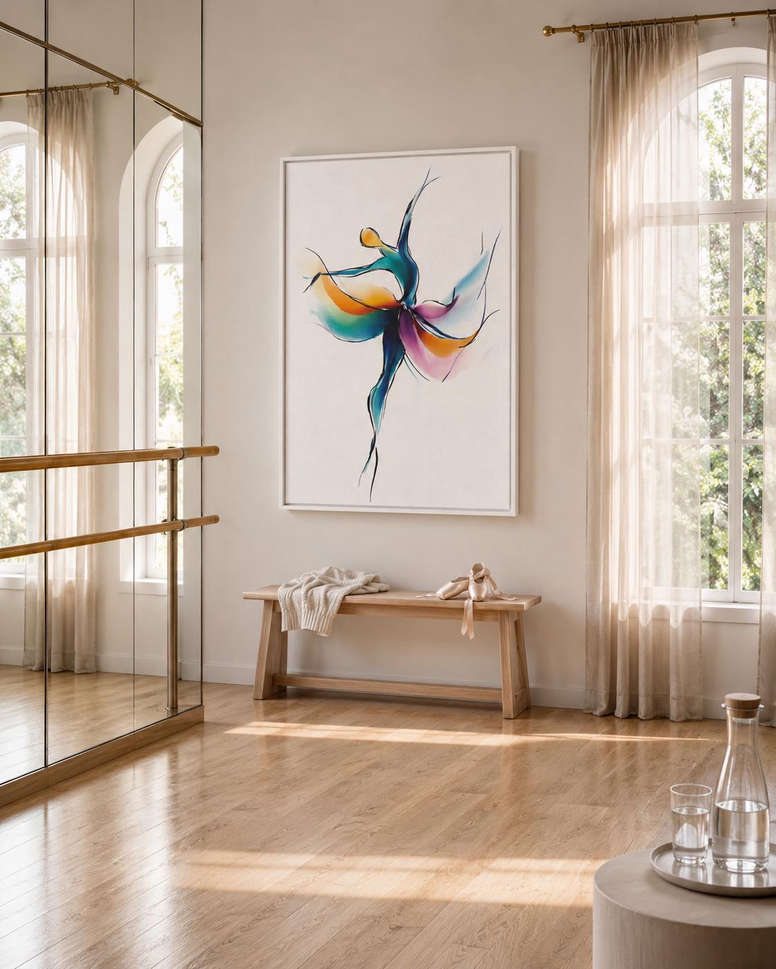 Woman stretching in a dance studio with a framed abstract dancer artwork on the wall