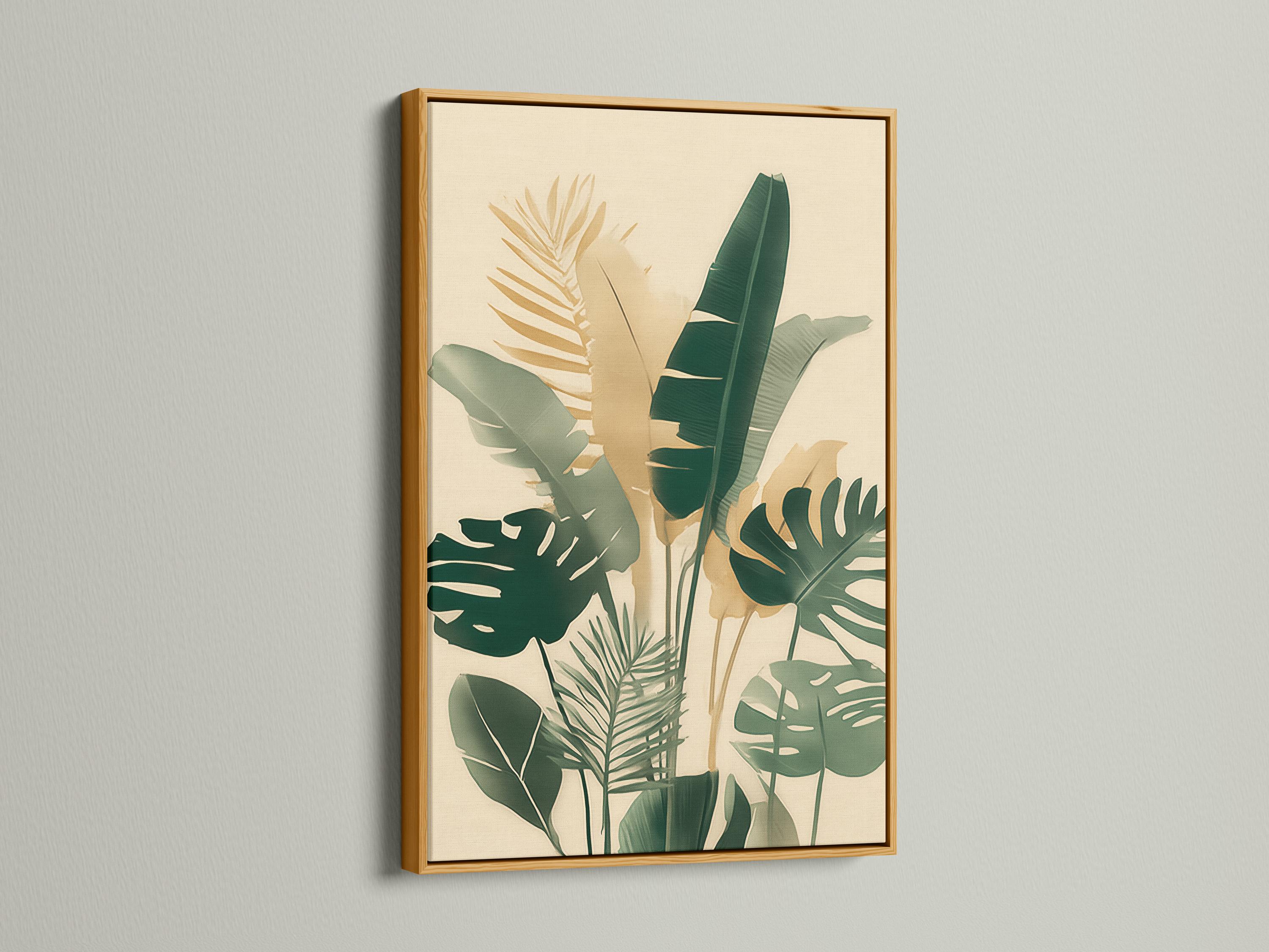 Room mockup showing framed botanical artwork with tropical leaves in cream and green