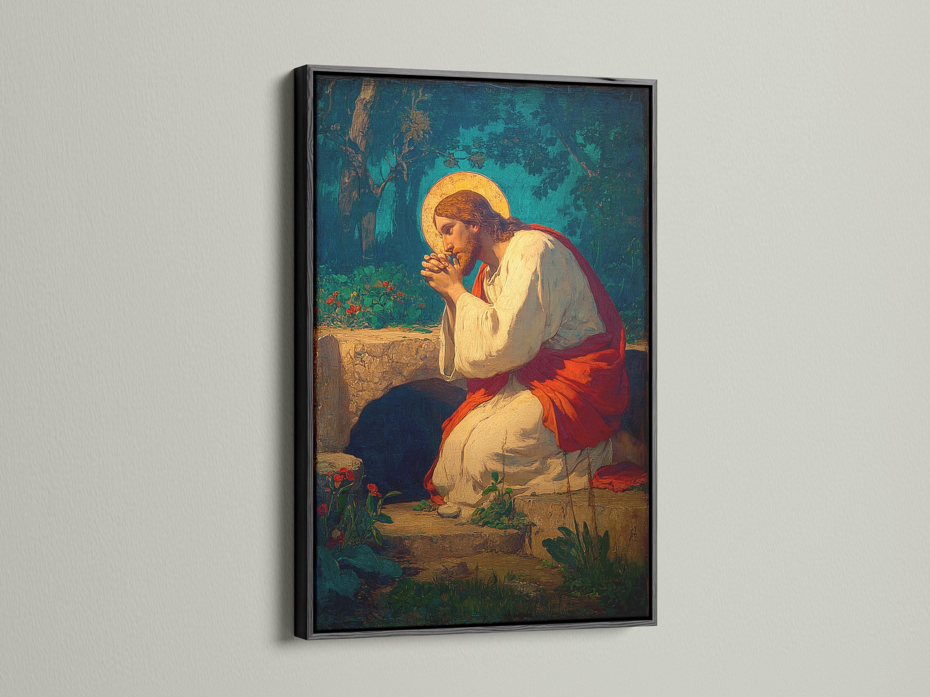 Praying religious portrait with a glowing golden halo against a deep blue-green landscape detail view
