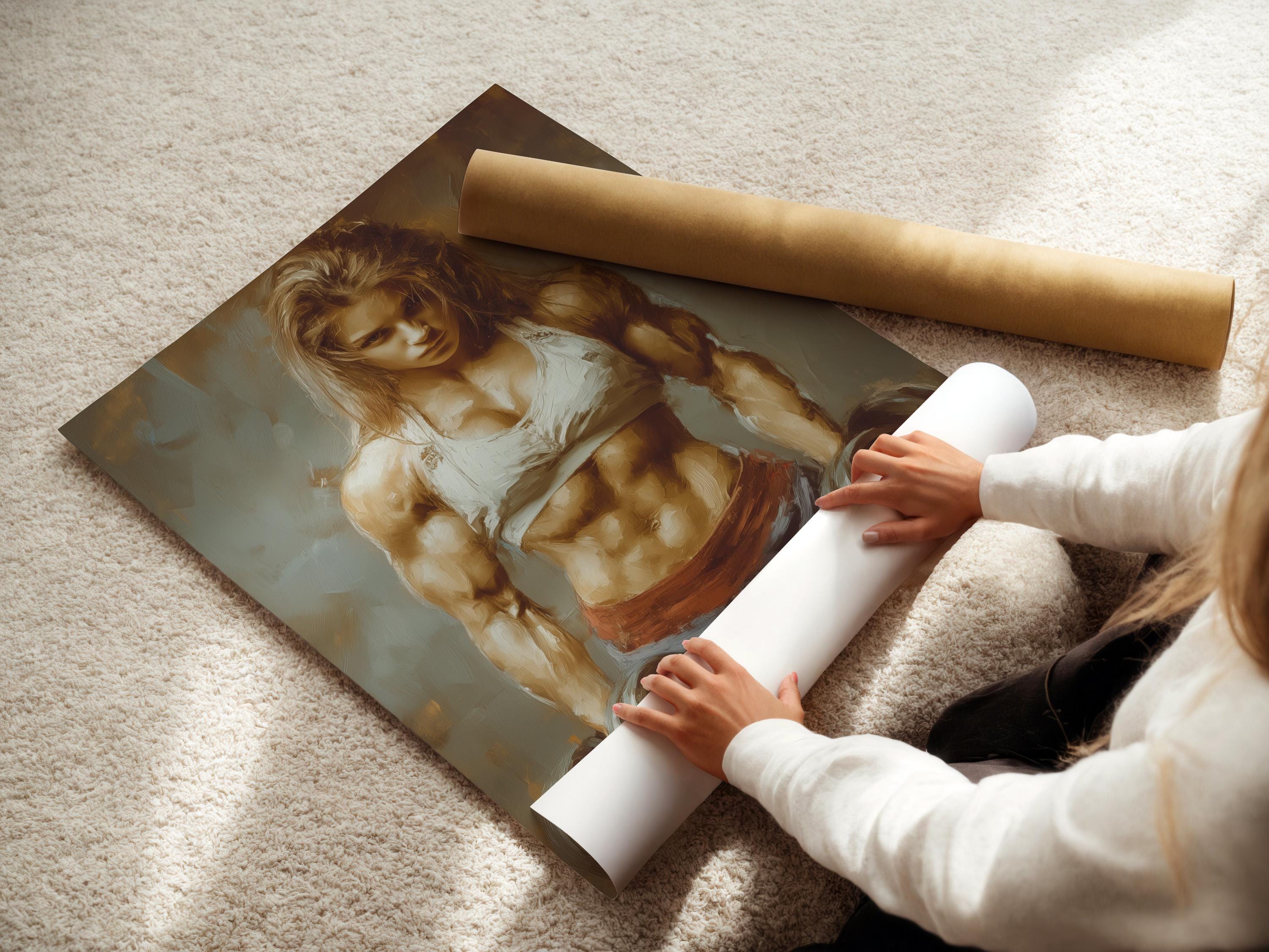 Gym or wellness room mockup showing a wall artwork of a muscular woman lifting dumbbells