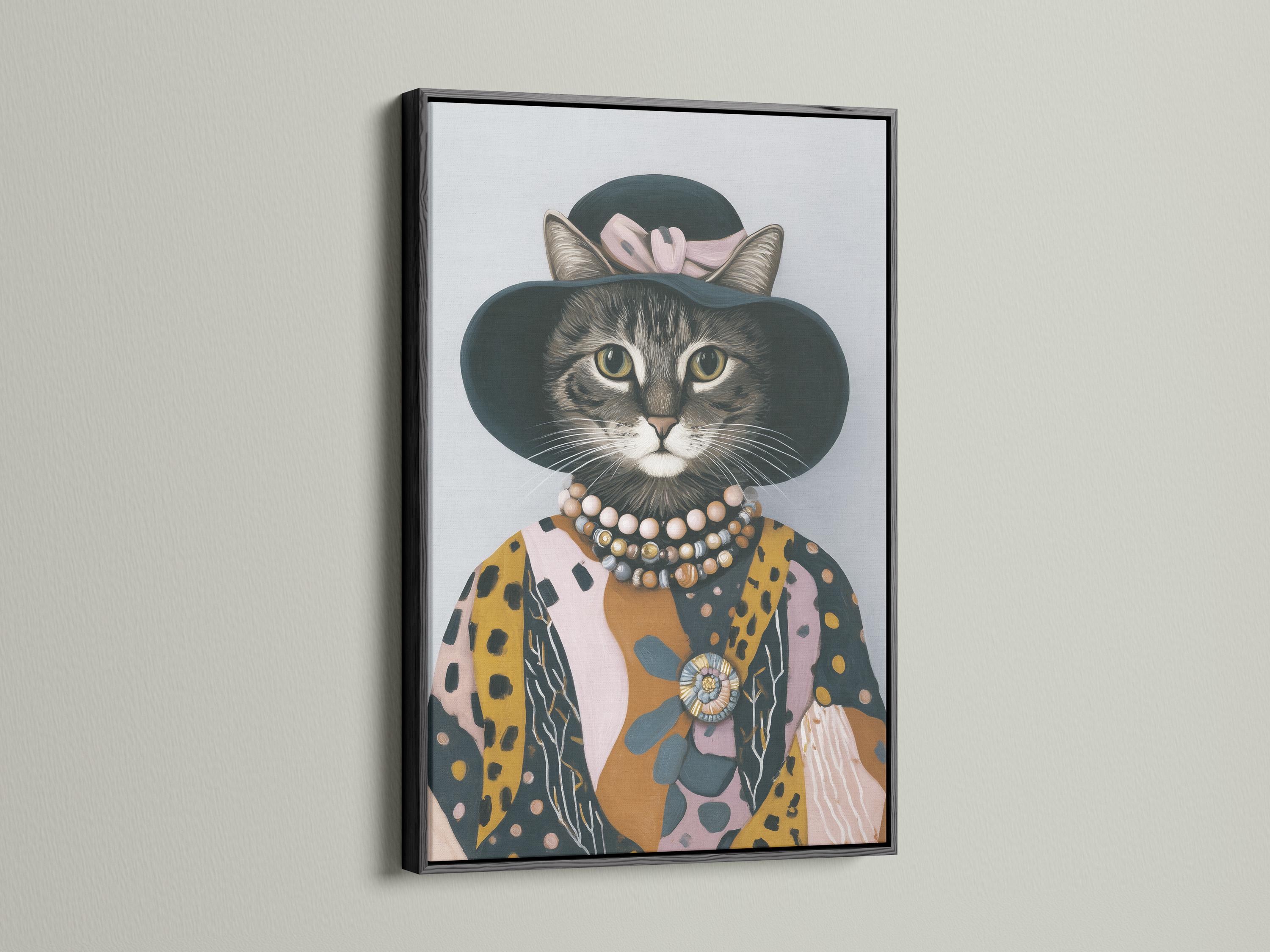 Stylised cat portrait with a dark hat, patterned coat, beaded collar and ornate brooch detail view