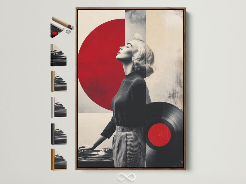 Monochrome portrait of a blonde woman with large red vinyl circle accents and a turntable