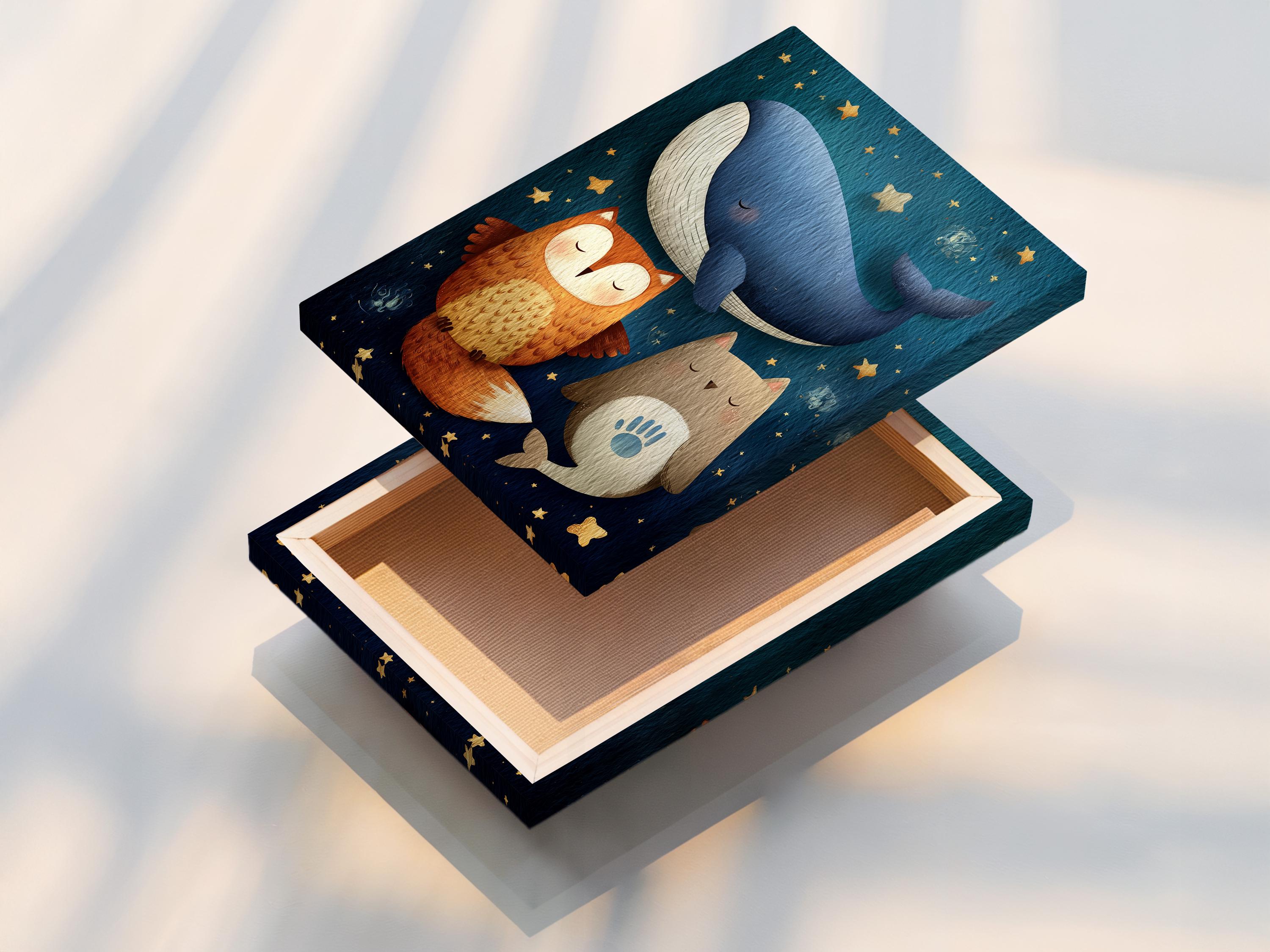 Navy blue animal illustration featuring a large whale, owl-like character, and starry gold accents detail view