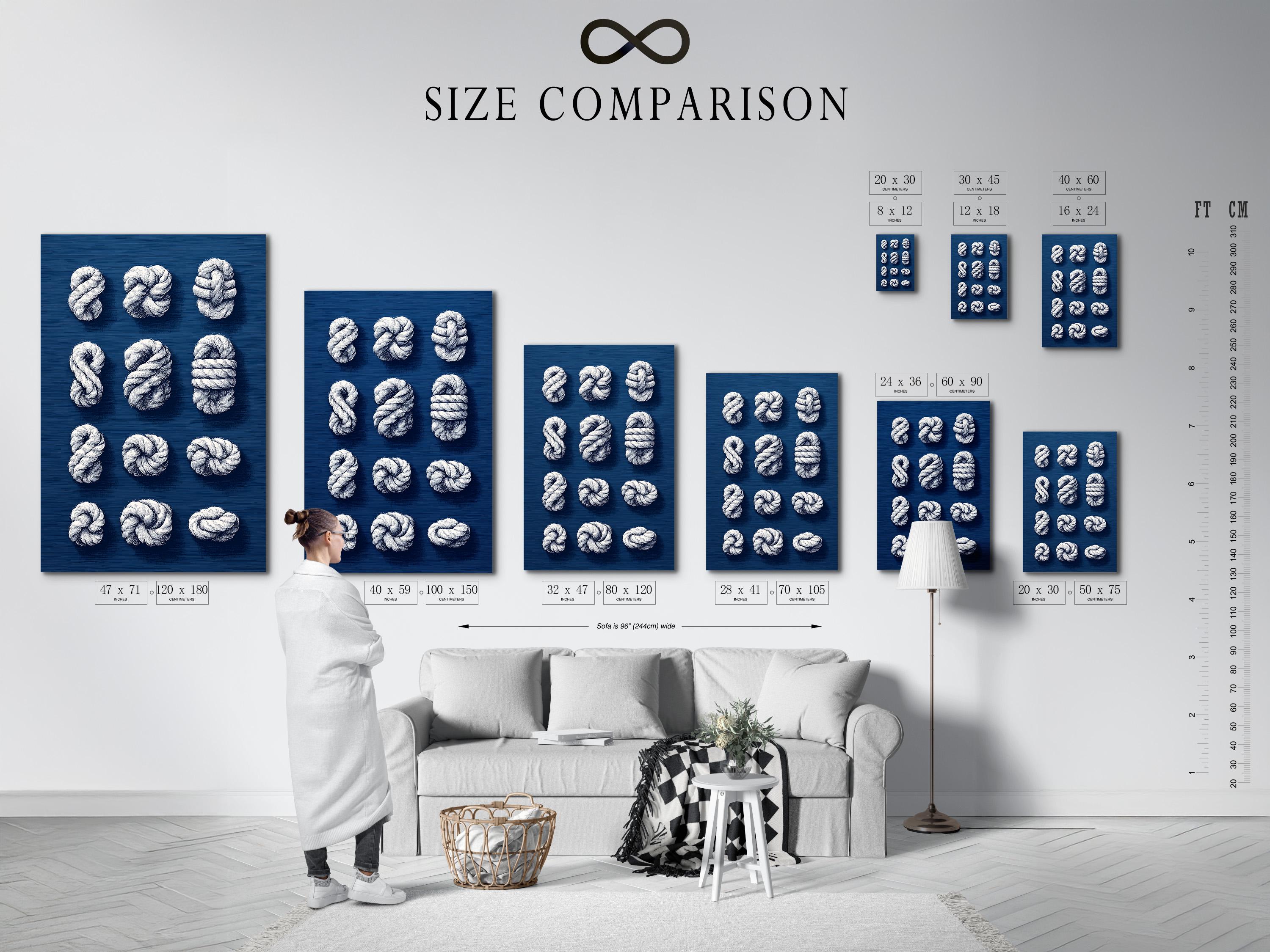Nine white rope knots arranged on a navy blue background detail view