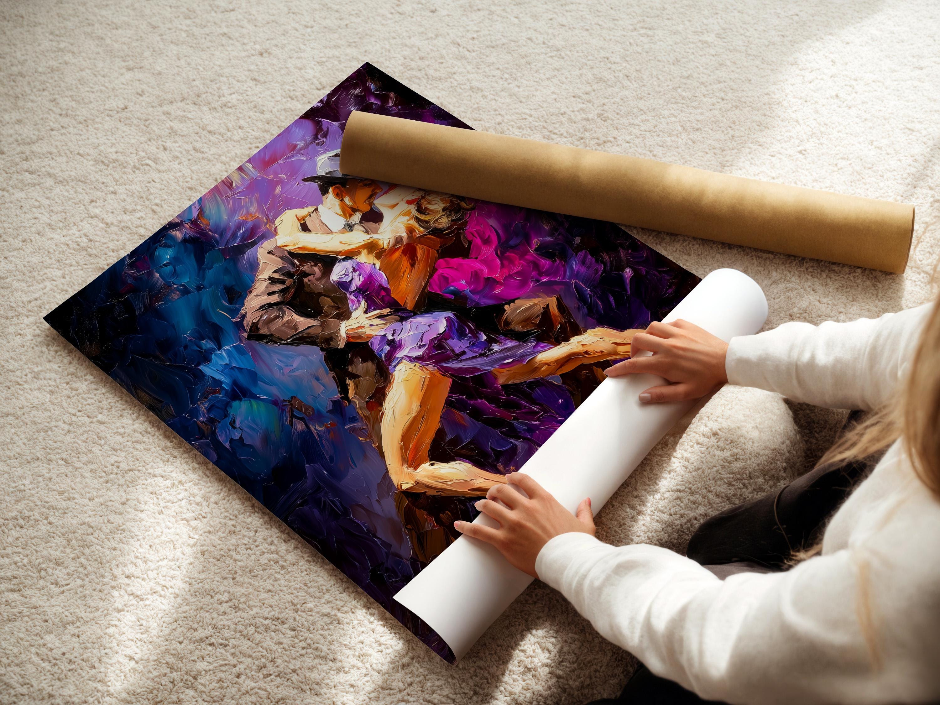 Framed tango dance artwork showing two dancing figures in purple, blue and gold tones detail view