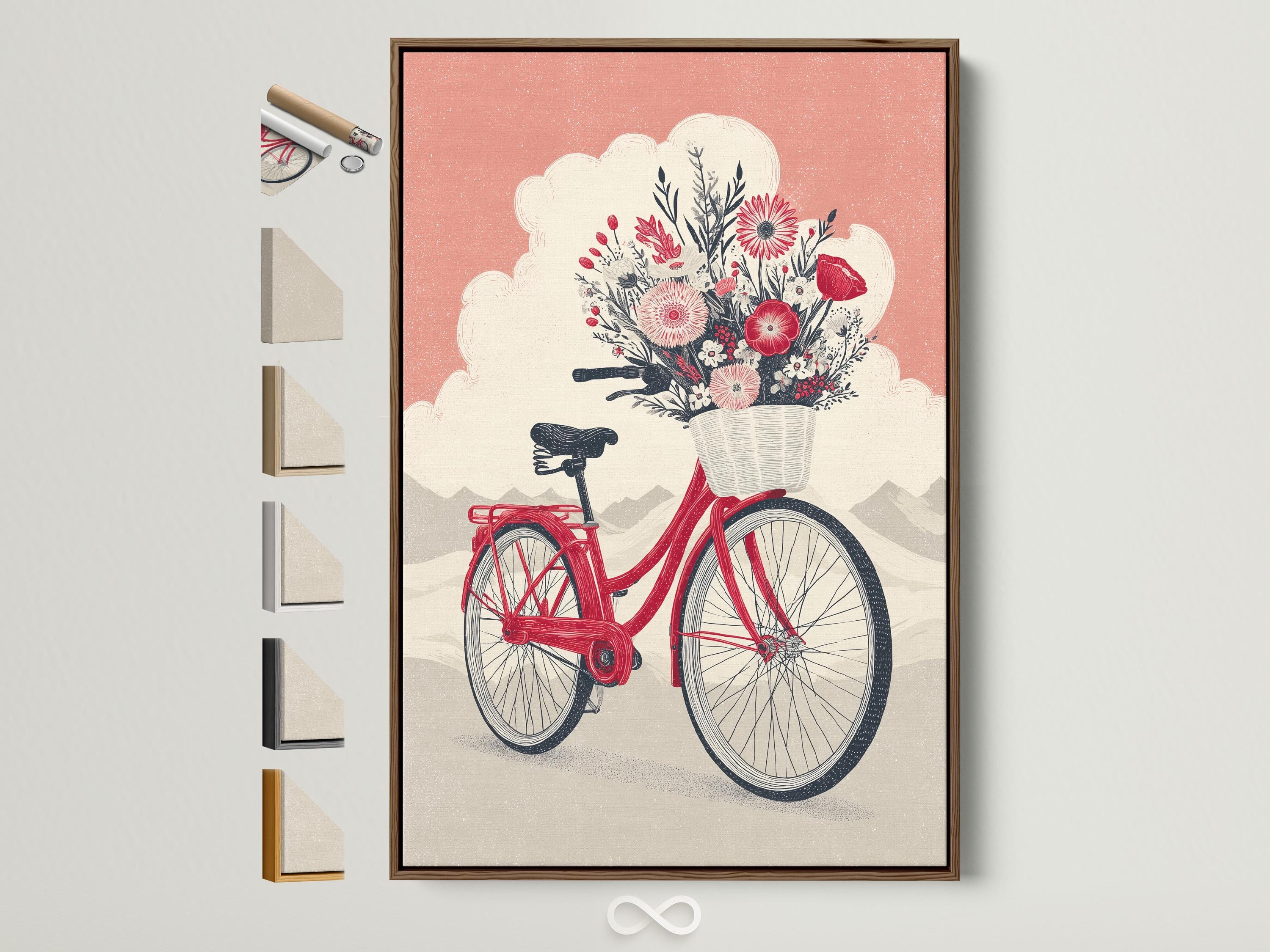 Red Bicycle Canvas Art Print - Floral Bike With Flowers, Botanical