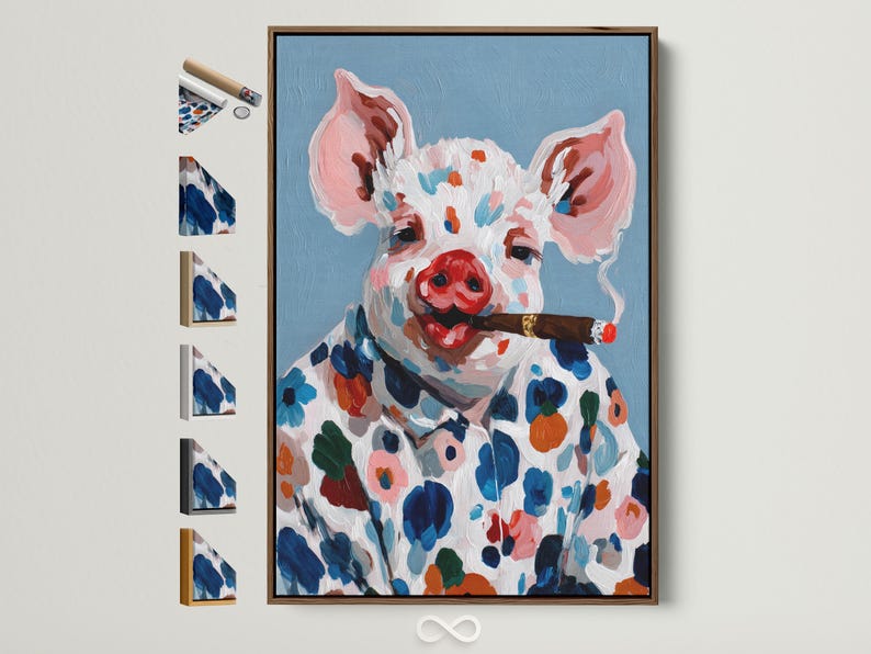 Painted pig portrait holding a cigar, with colourful floral and leaf shapes on a blue background