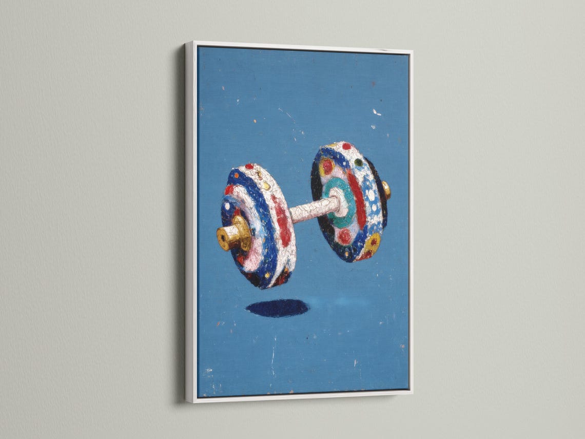 Stylised dumbbell weights illustration on a distressed blue background with red, white and gold accents detail view