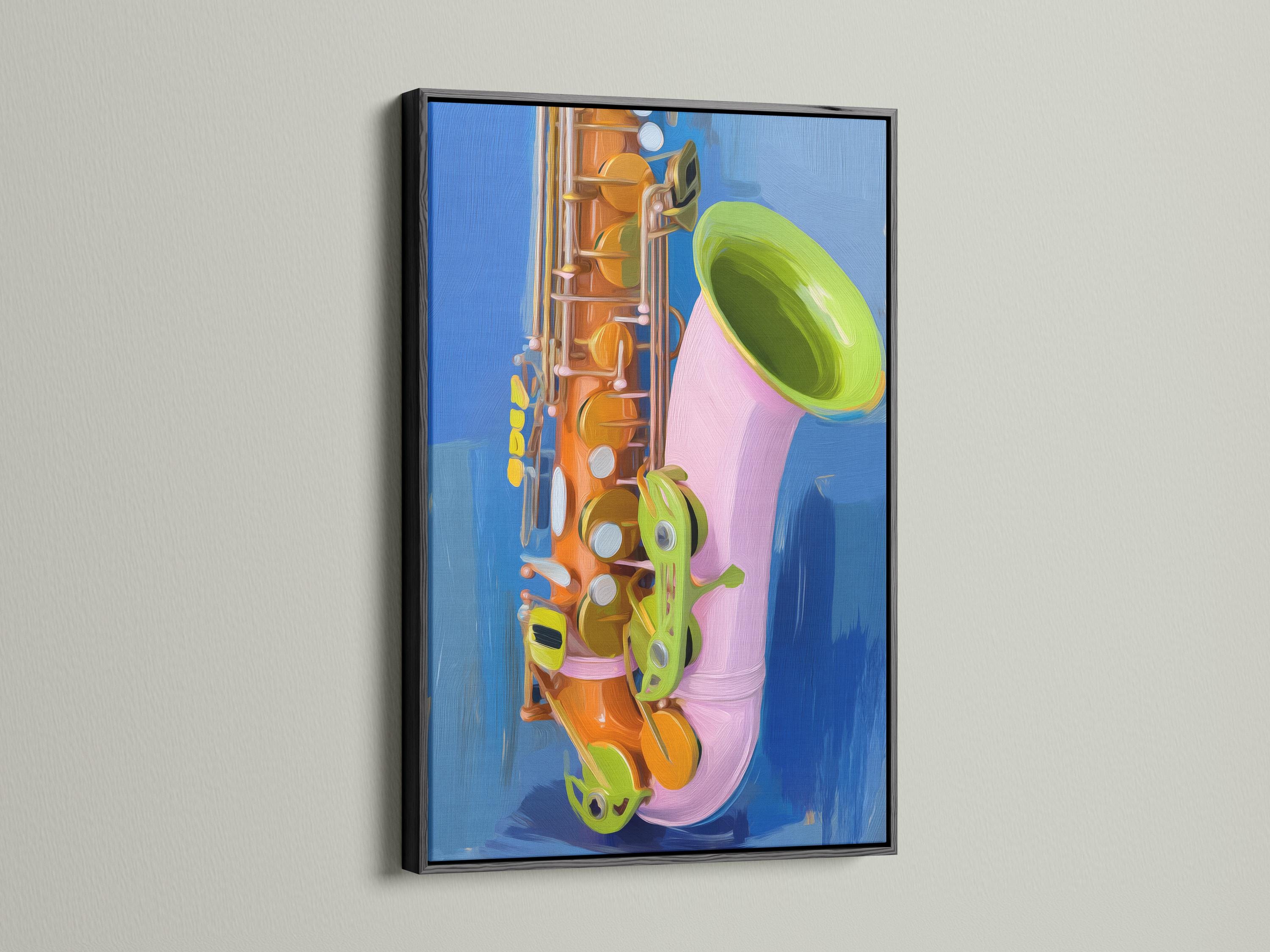 Abstract saxophone illustration with deep blue background, orange, green and pink accents detail view