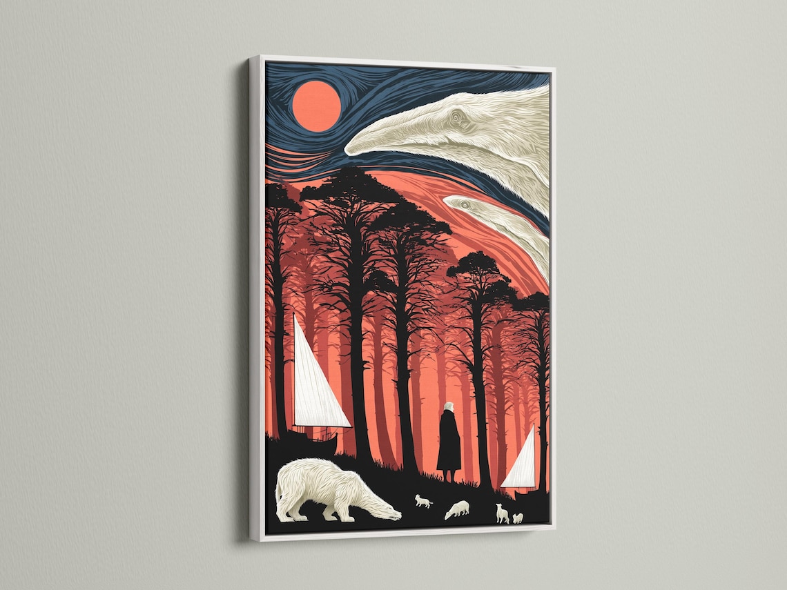 Stylised polar bear scene with a red sun, dark forest silhouettes, pale animals and a sailboat detail view