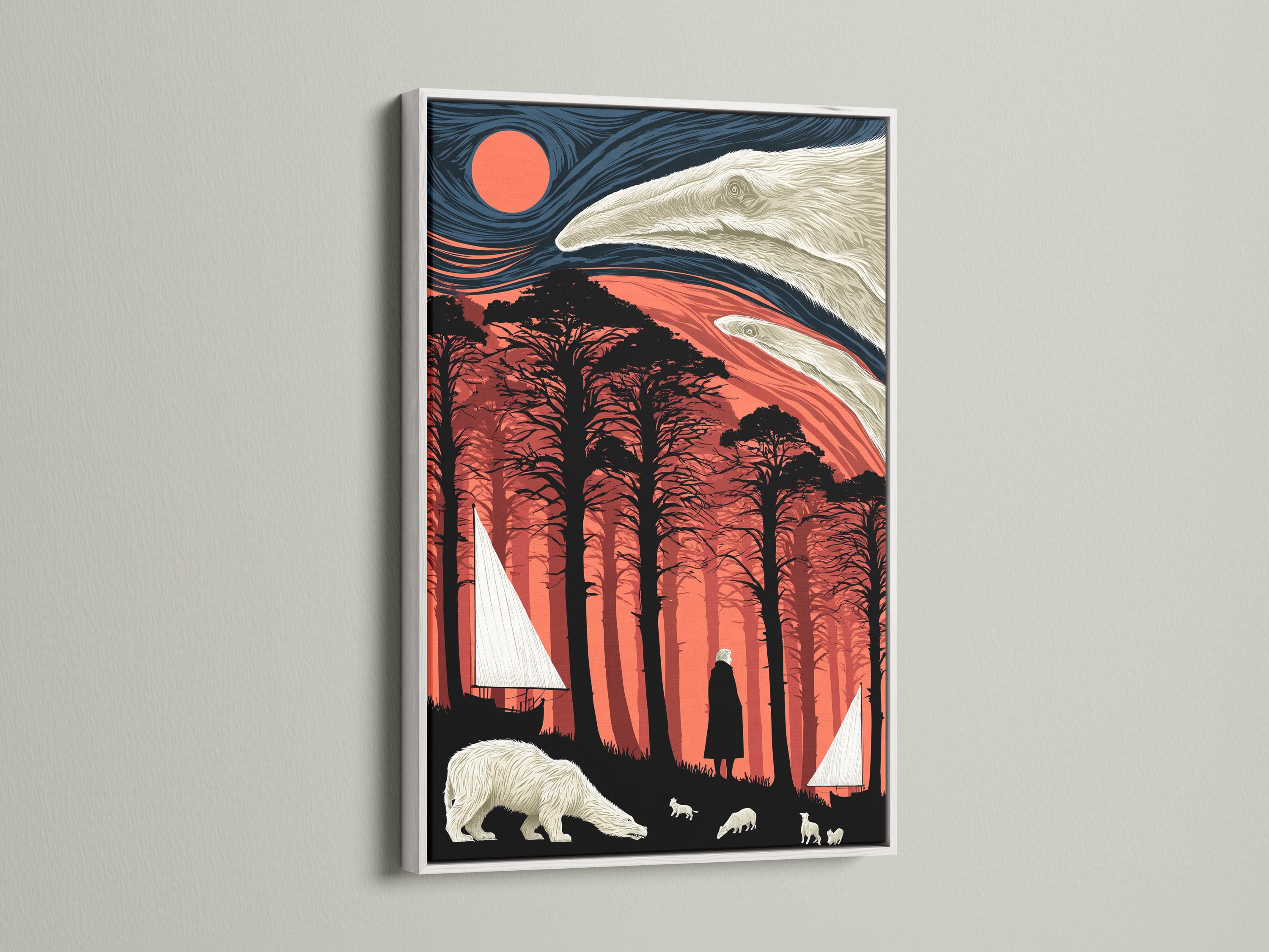 Stylised polar bear scene with a red sun, dark forest silhouettes, pale animals and a sailboat detail view