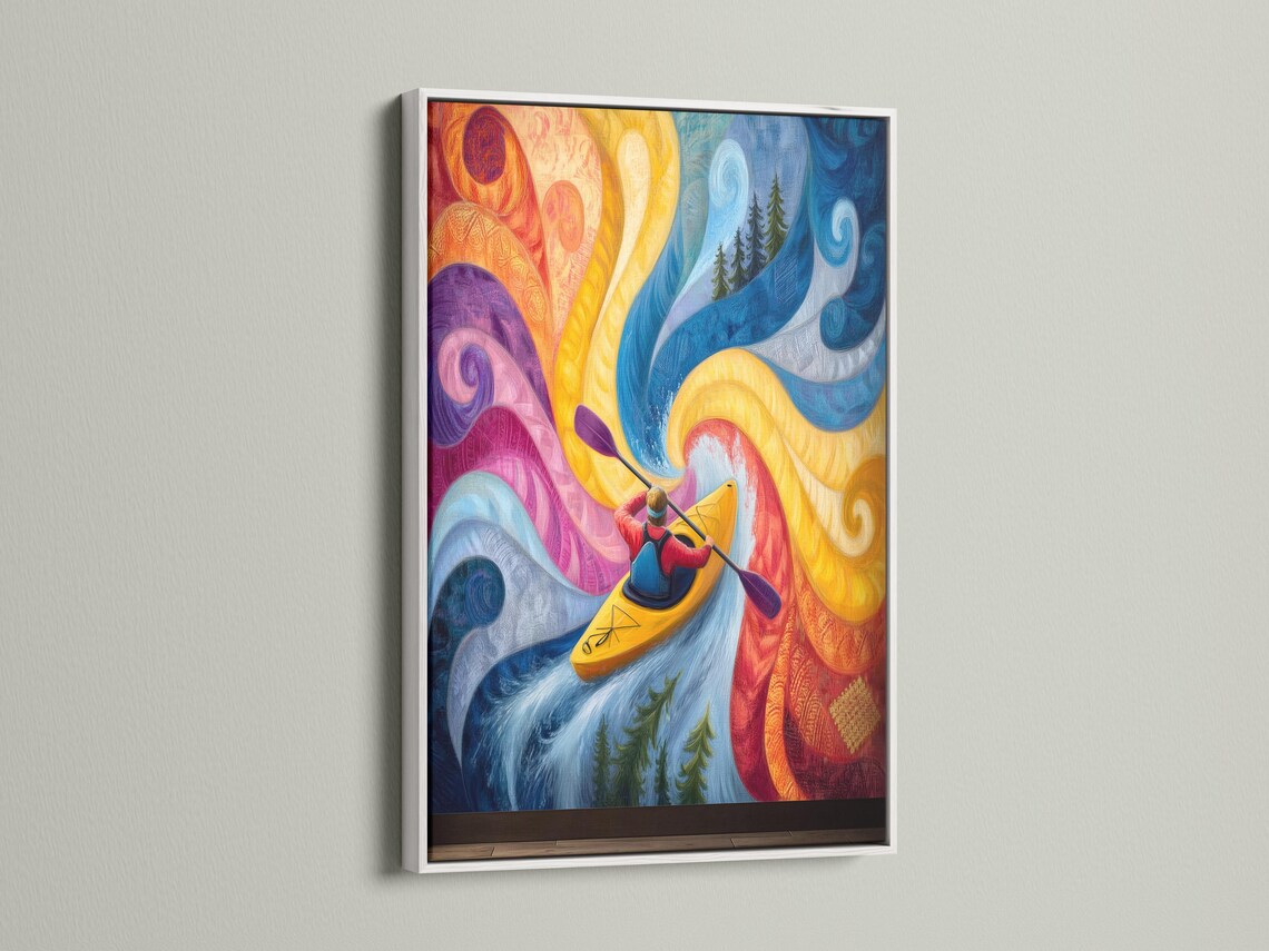 Room mockup showing a framed kayaker river artwork with swirling blue and yellow waves