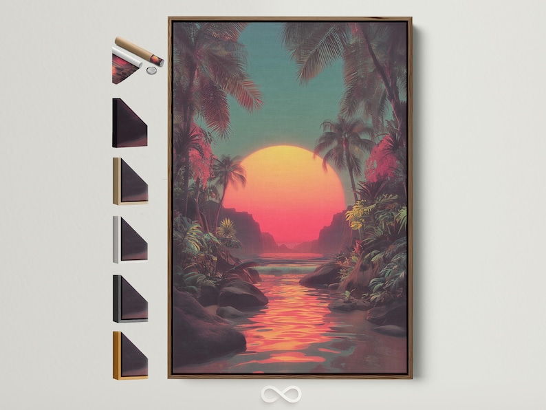 Retro tropical seascape with palm trees framing a glowing sunset over reflective water