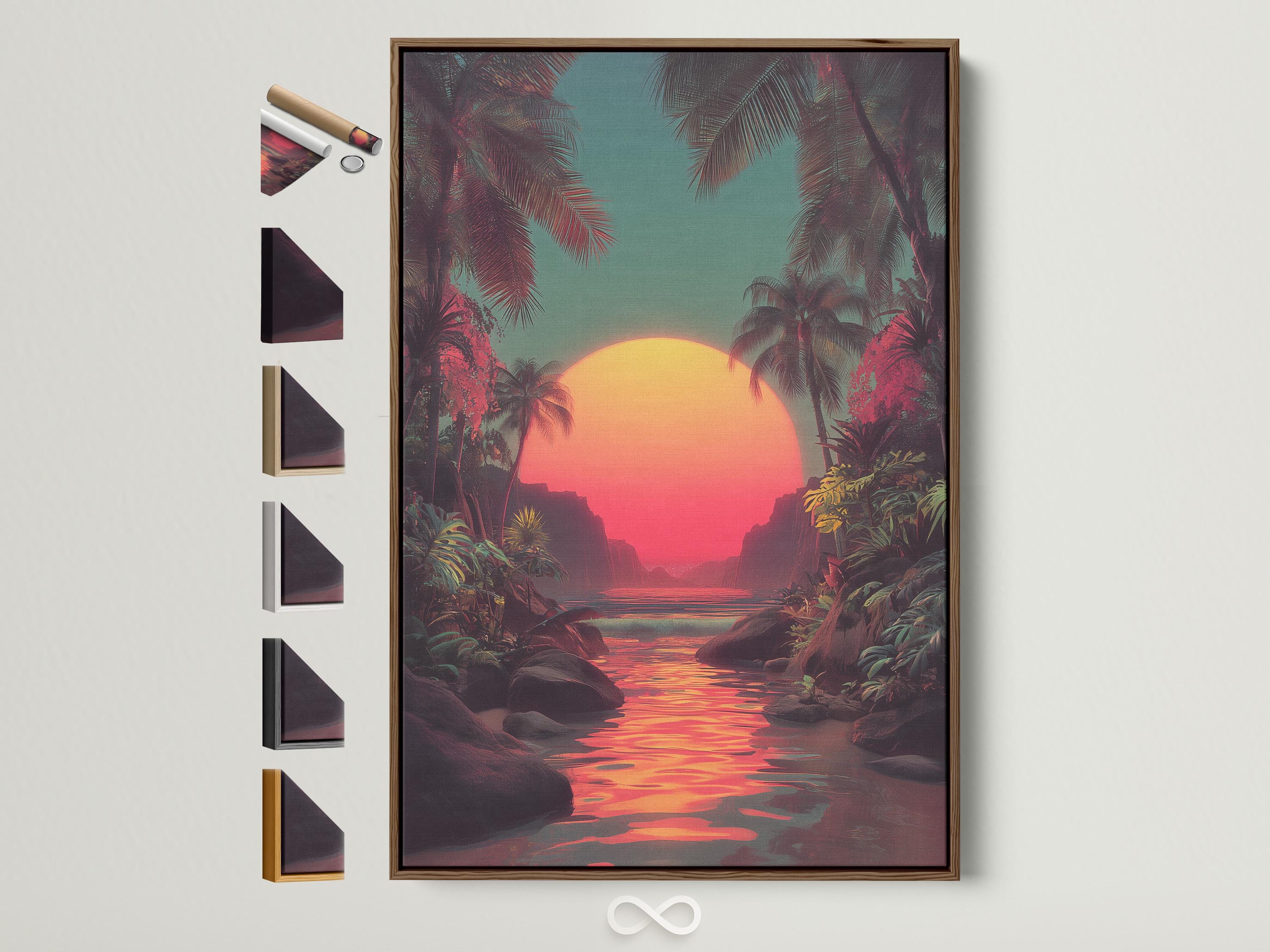 Retro tropical seascape with palm trees framing a glowing sunset over reflective water