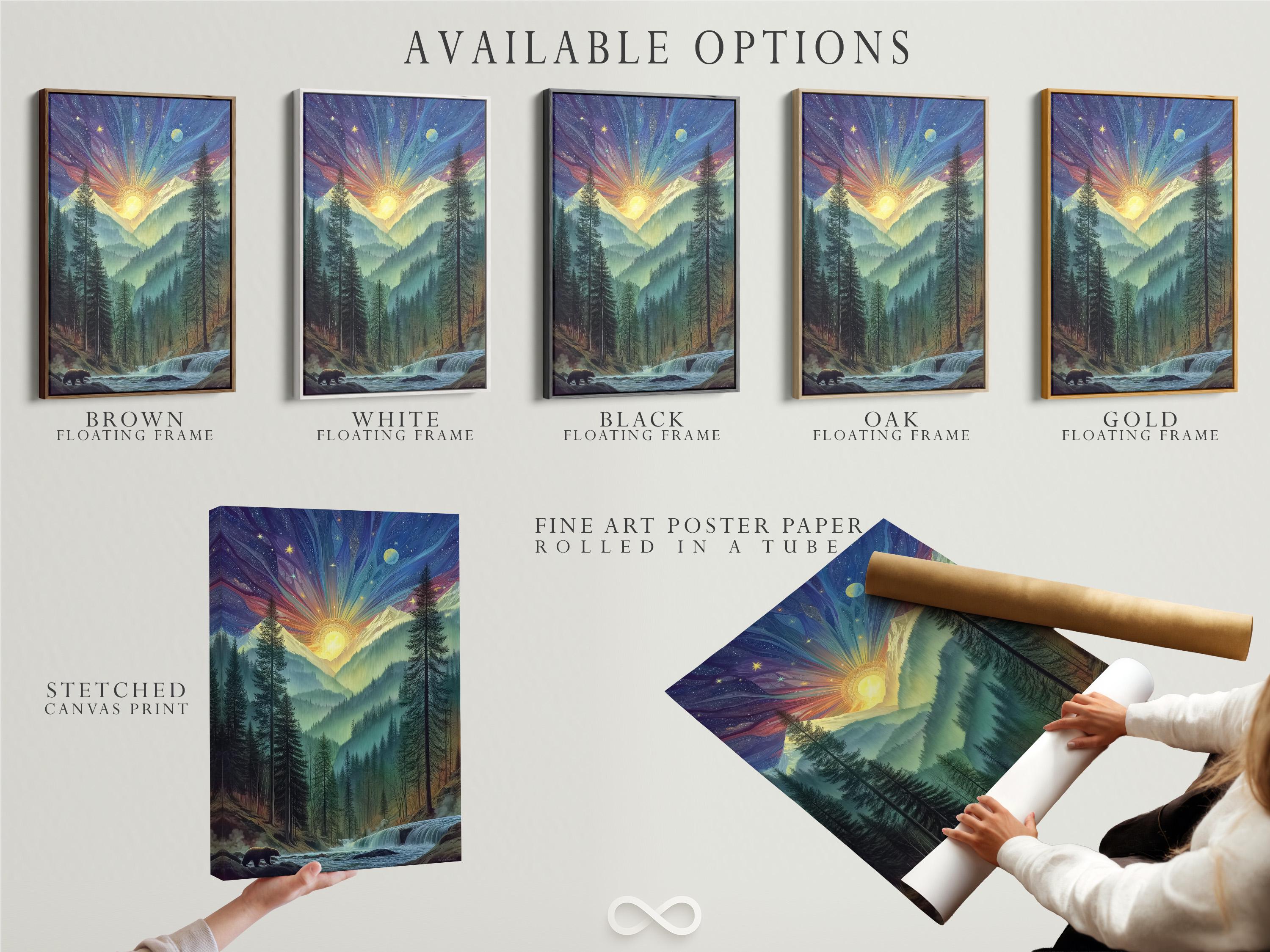 Framed mystical forest sunrise artwork mockup
