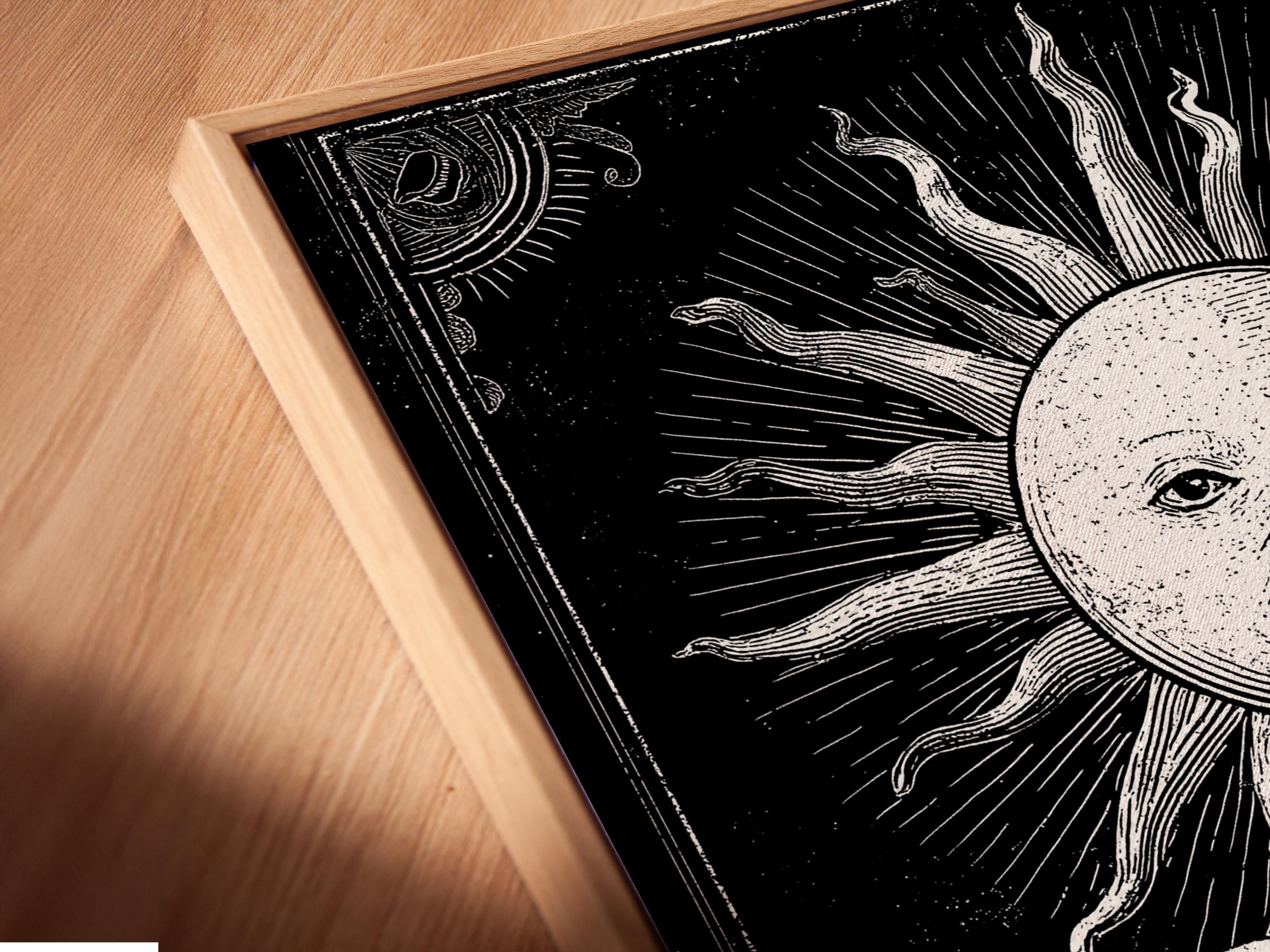 Black and white illustration of a sun face with rays above two beer glasses detail view