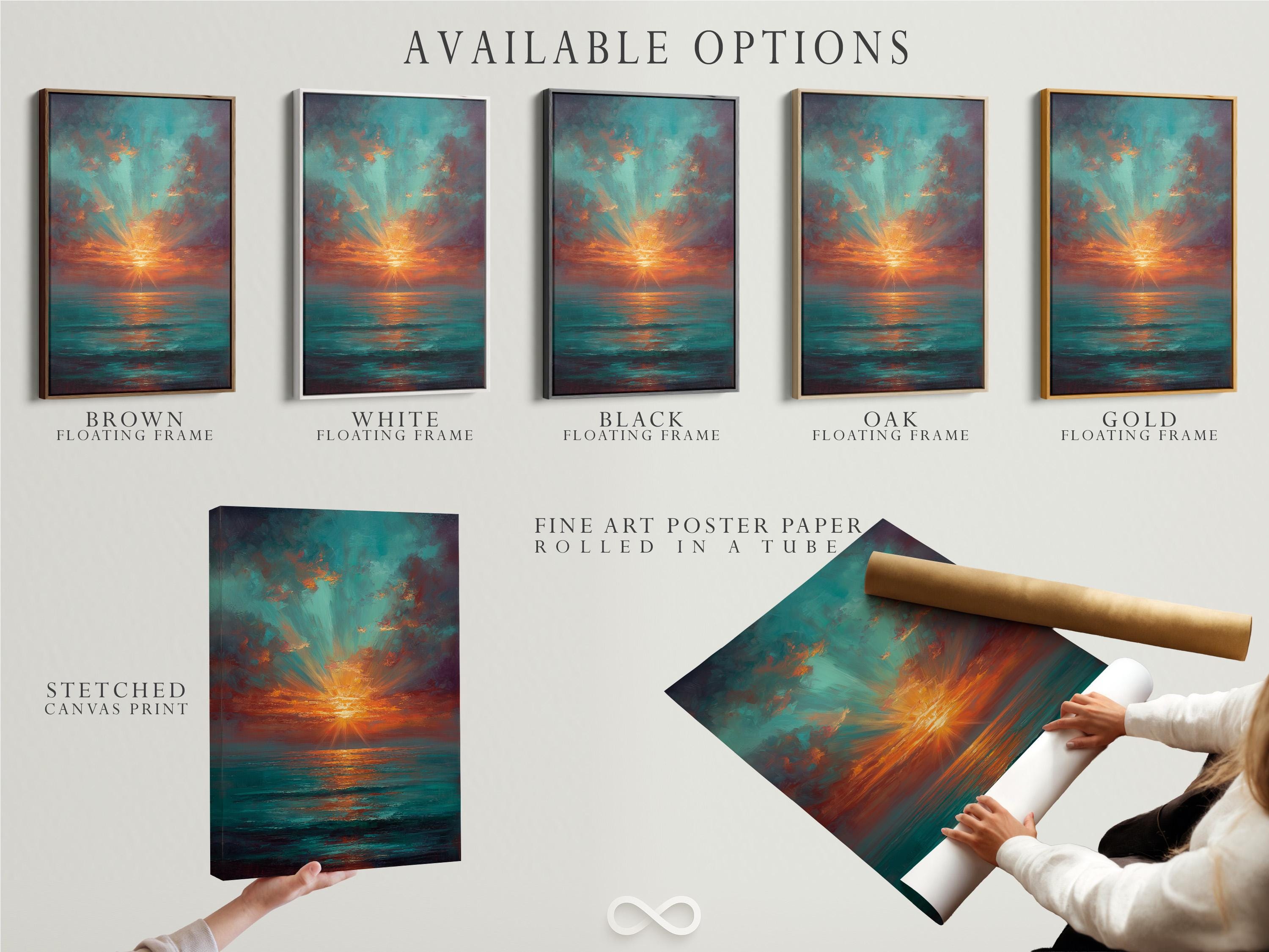Room mockup with a sofa and a framed teal and copper sunset seascape artwork on the wall