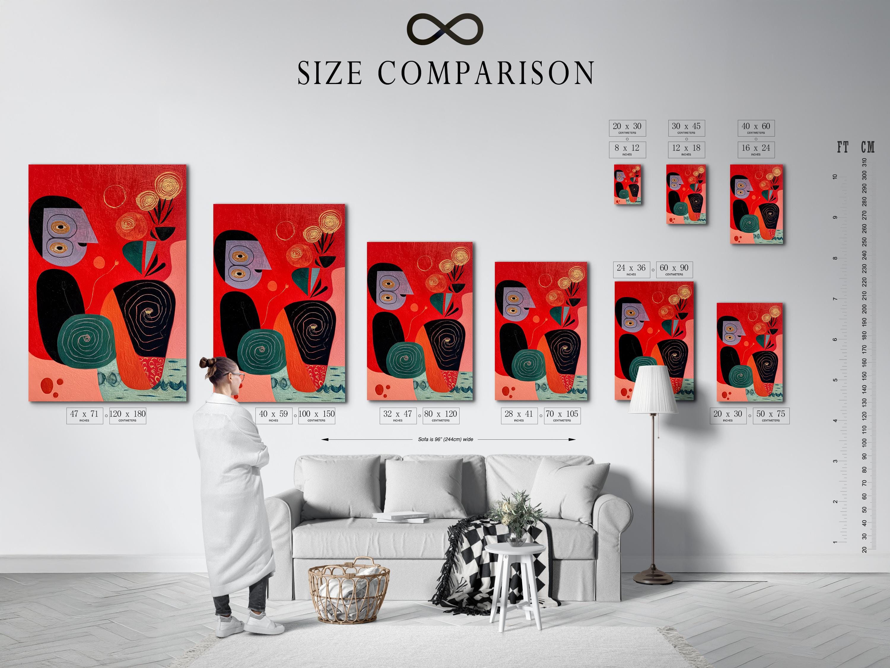Abstract face artwork with red background, teal accents, black outlines and spiral details detail view