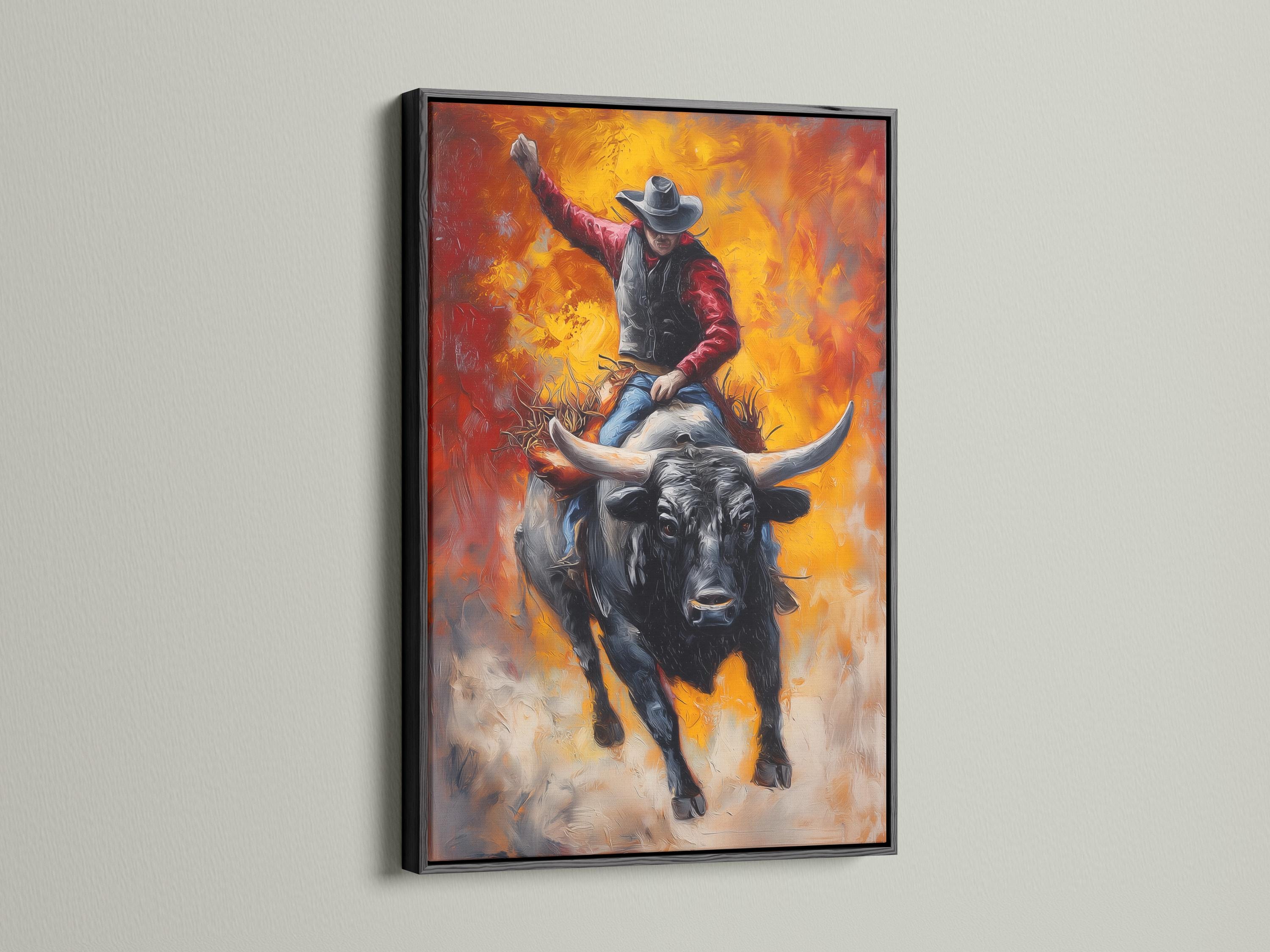 Cowboy riding a black bull in a western scene with flame-like orange and gold background detail view