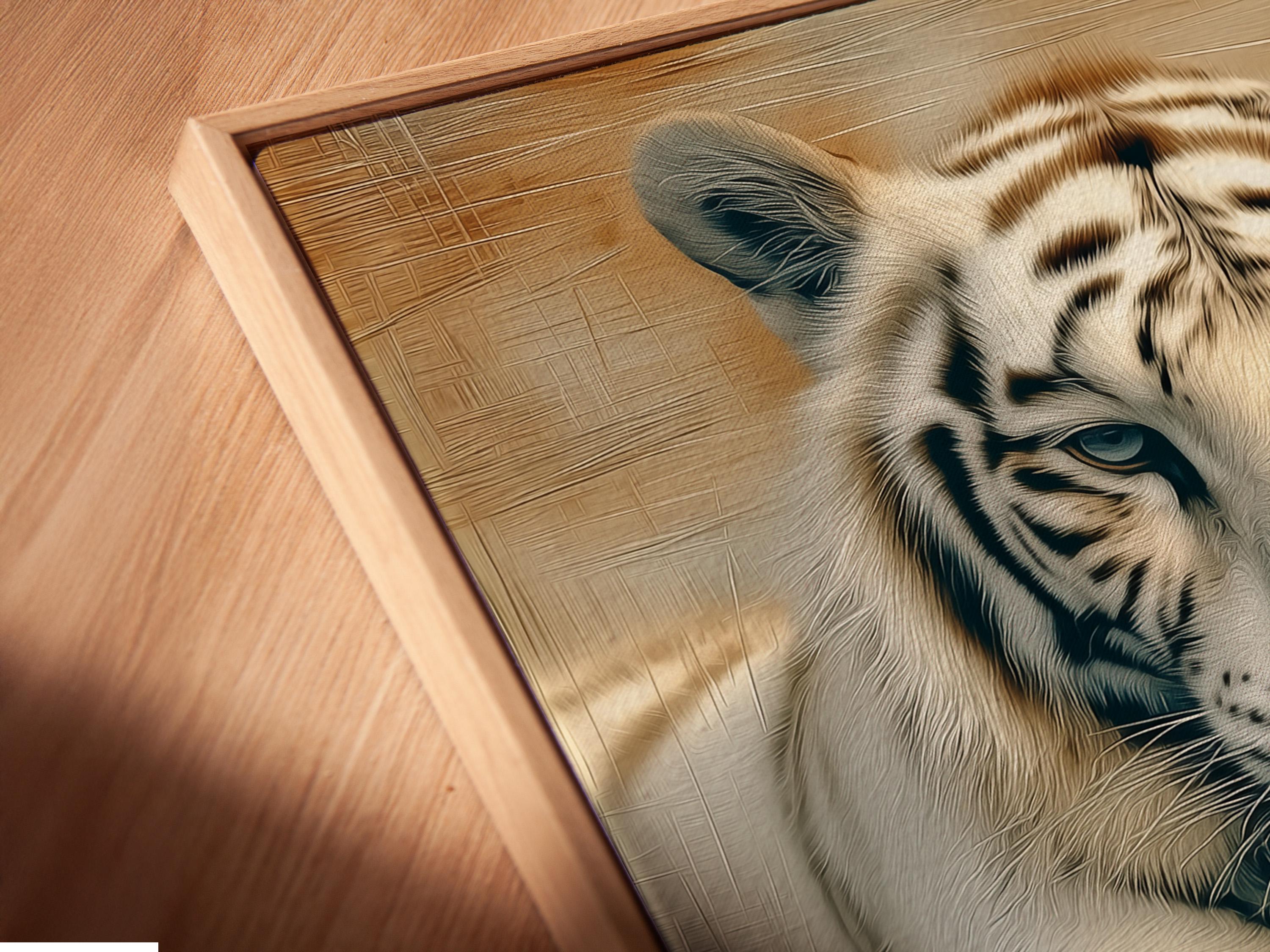 Office mockup with a tiger portrait artwork on the wall