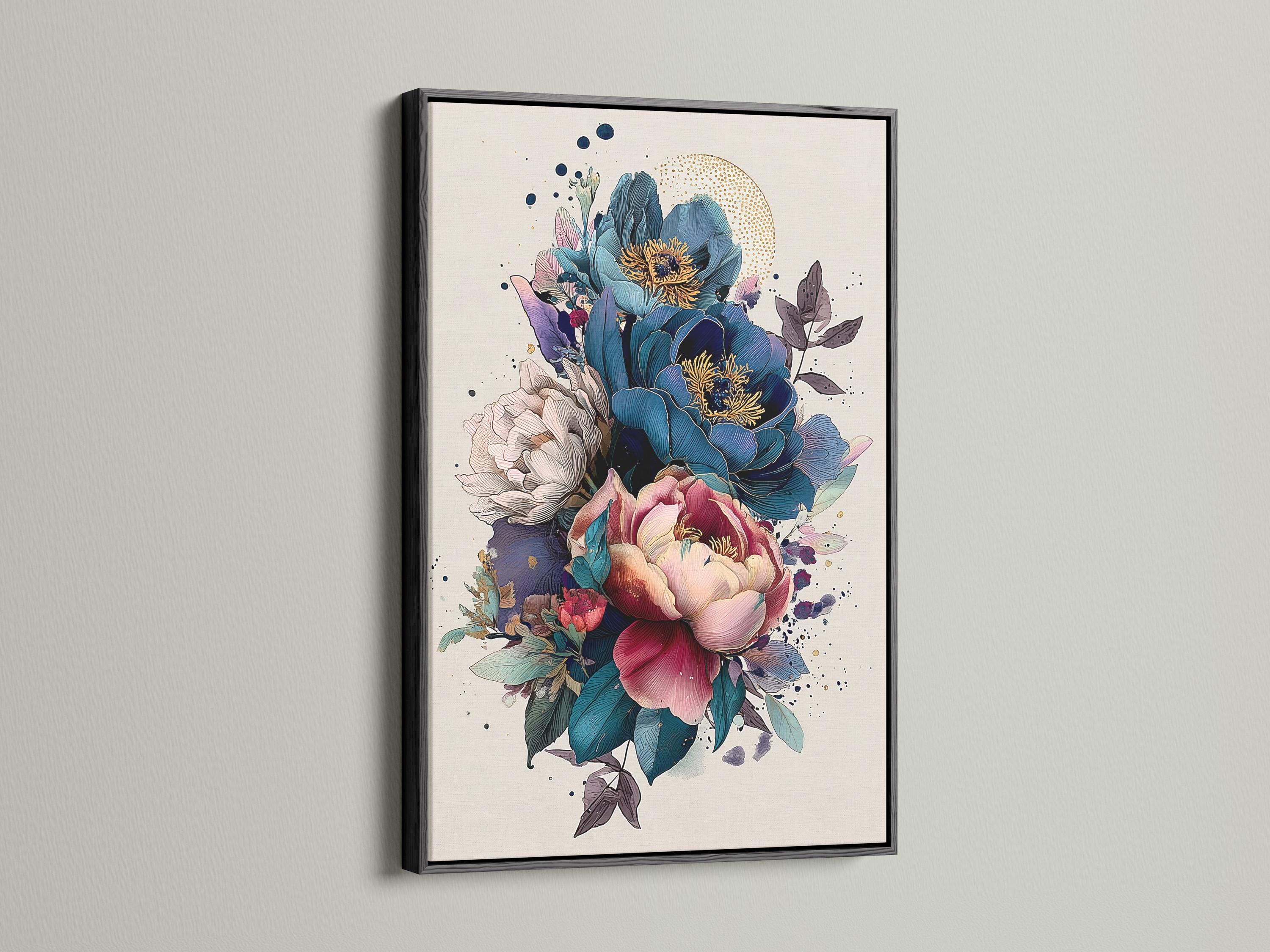 Painterly peony floral illustration with teal foliage, pink petals and subtle gold specks detail view
