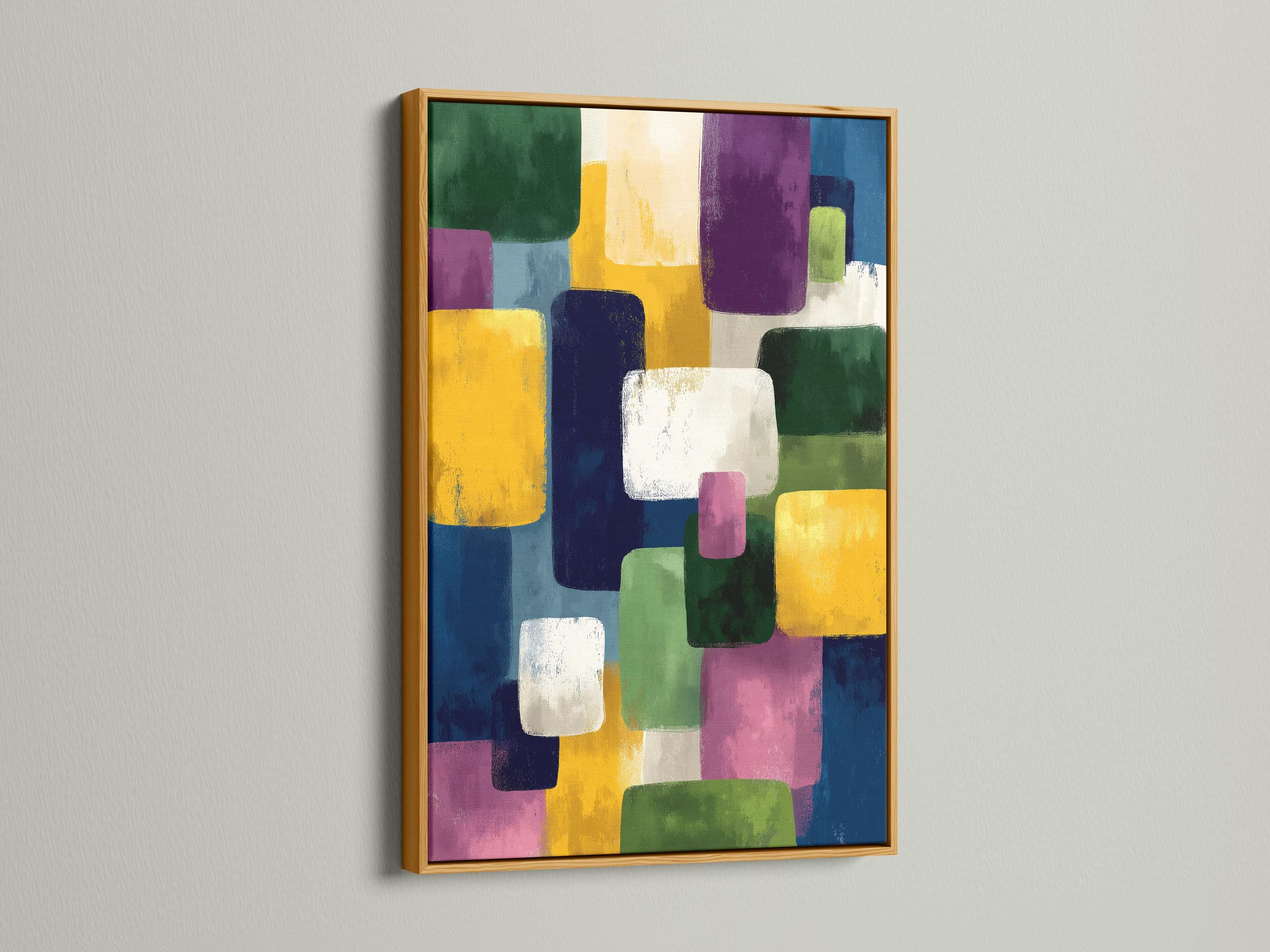 A framed geometric abstract artwork features overlapping colourful blocks—green, yellow, purple, blue and white—arranged in an irregular, layered
