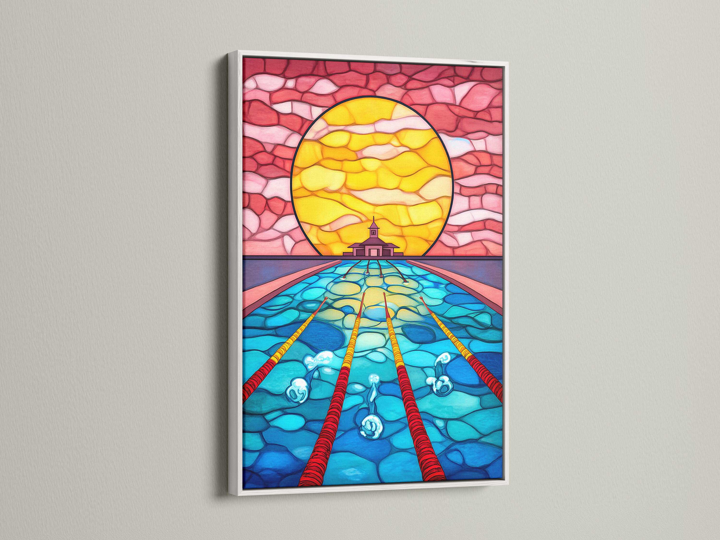 Stained-glass style ocean scene with a circular sunset portal, underwater water textures, and a small temple silhouette detail view