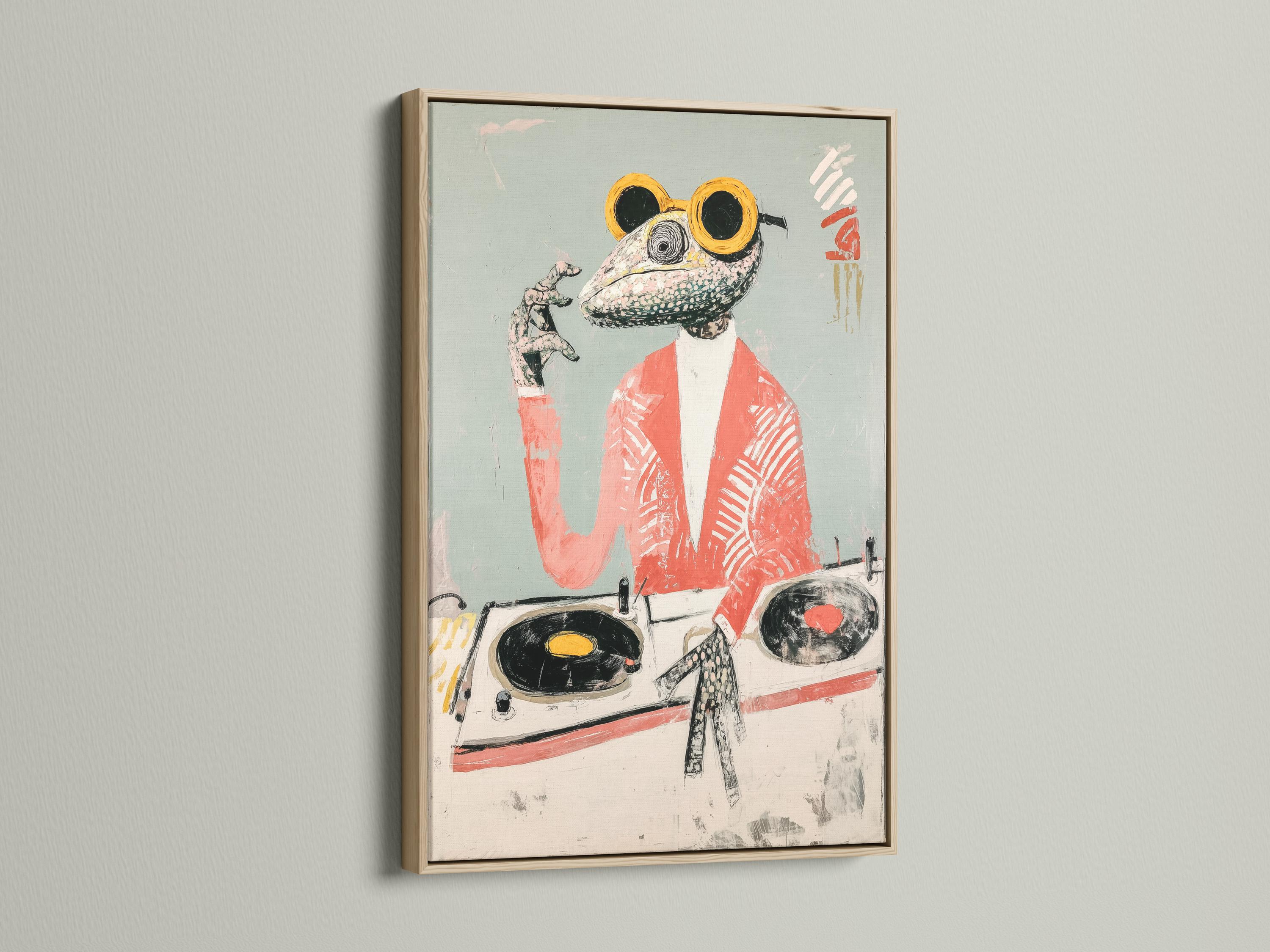 Stylised reptile DJ with goggles and headset beside a turntable on a pale teal background detail view