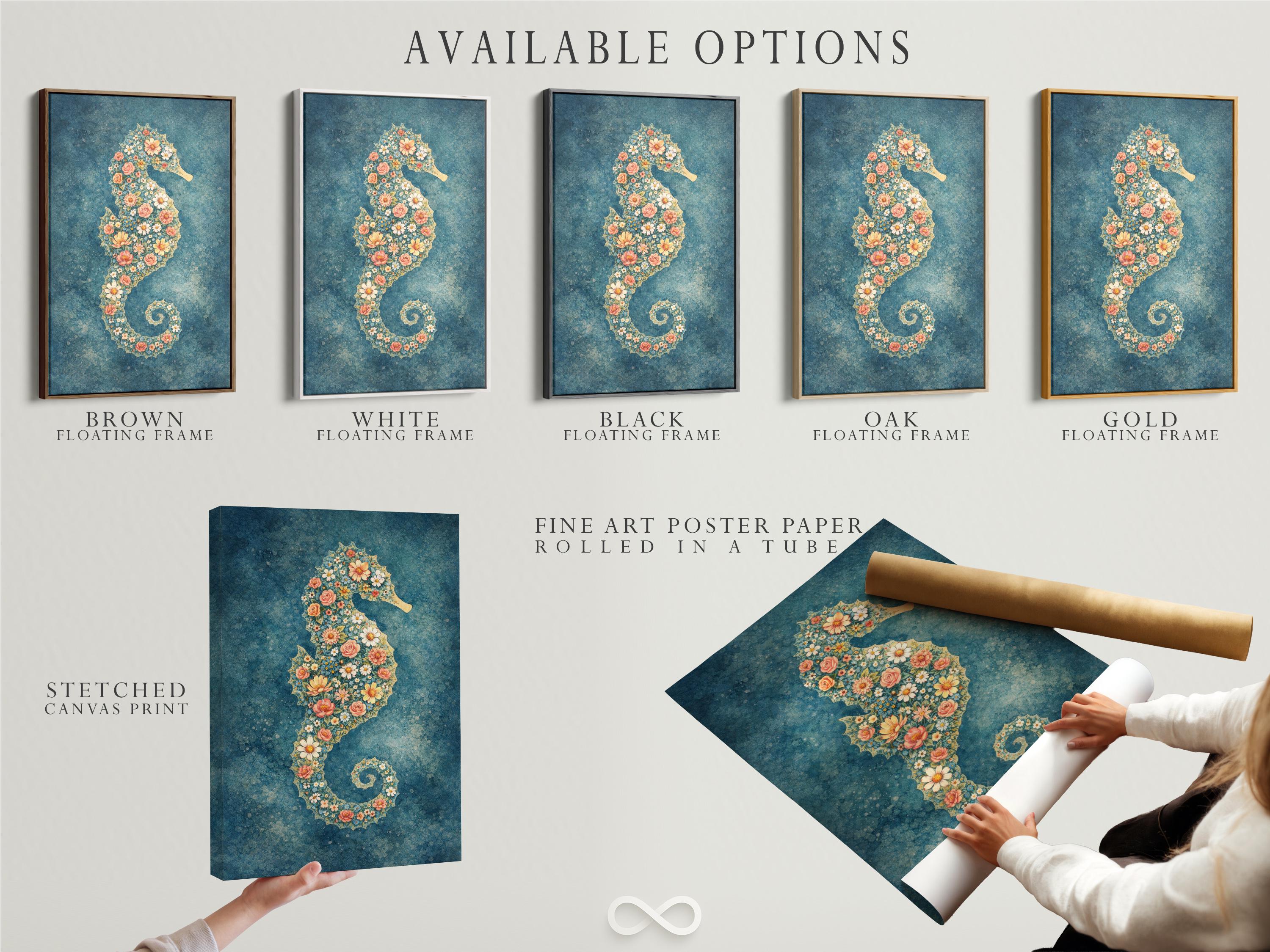 Room mockup showing a framed floral seahorse artwork above a sofa