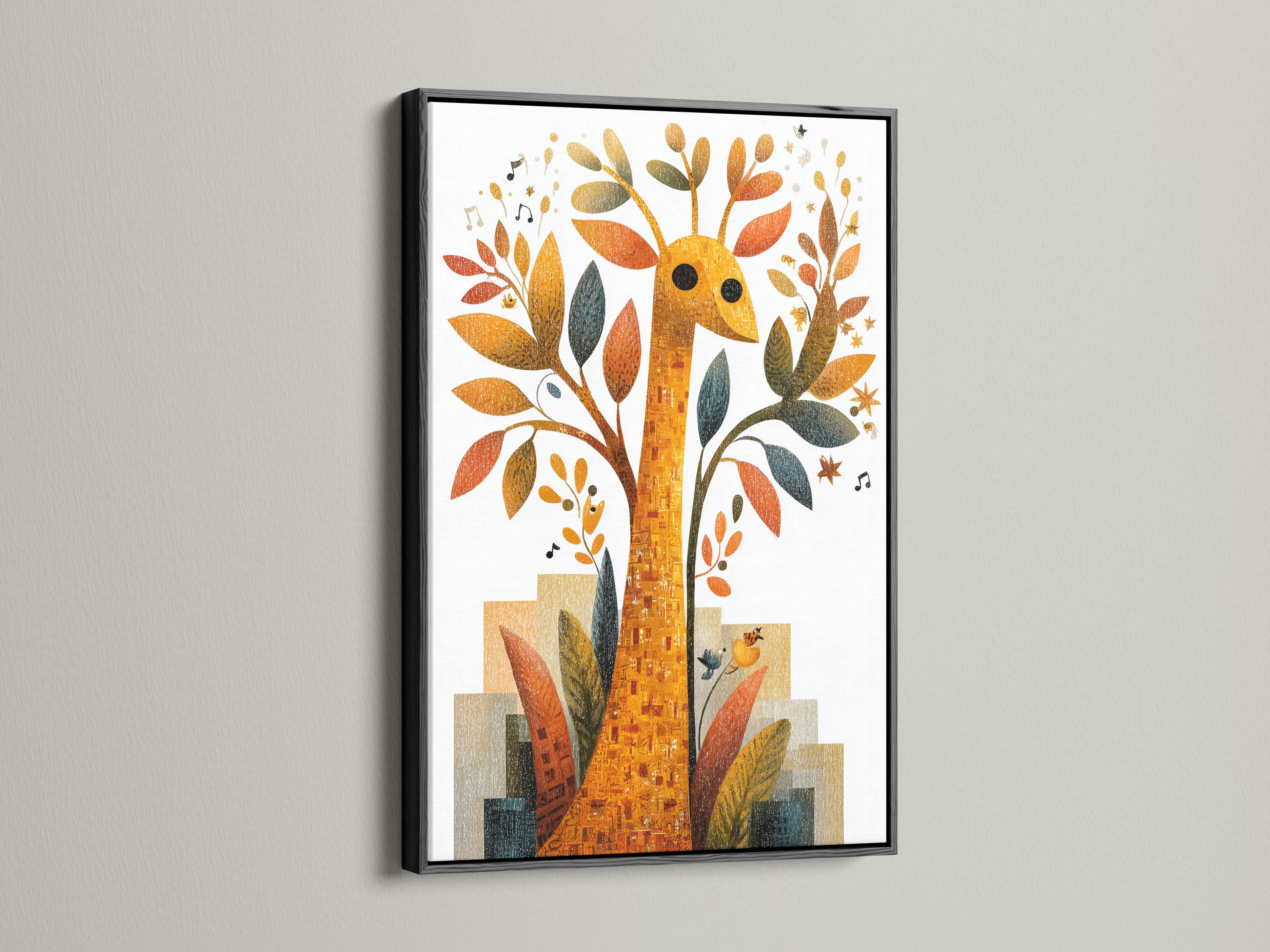 Framed giraffe and tree illustration with gold, orange and teal leaves plus music notes detail view