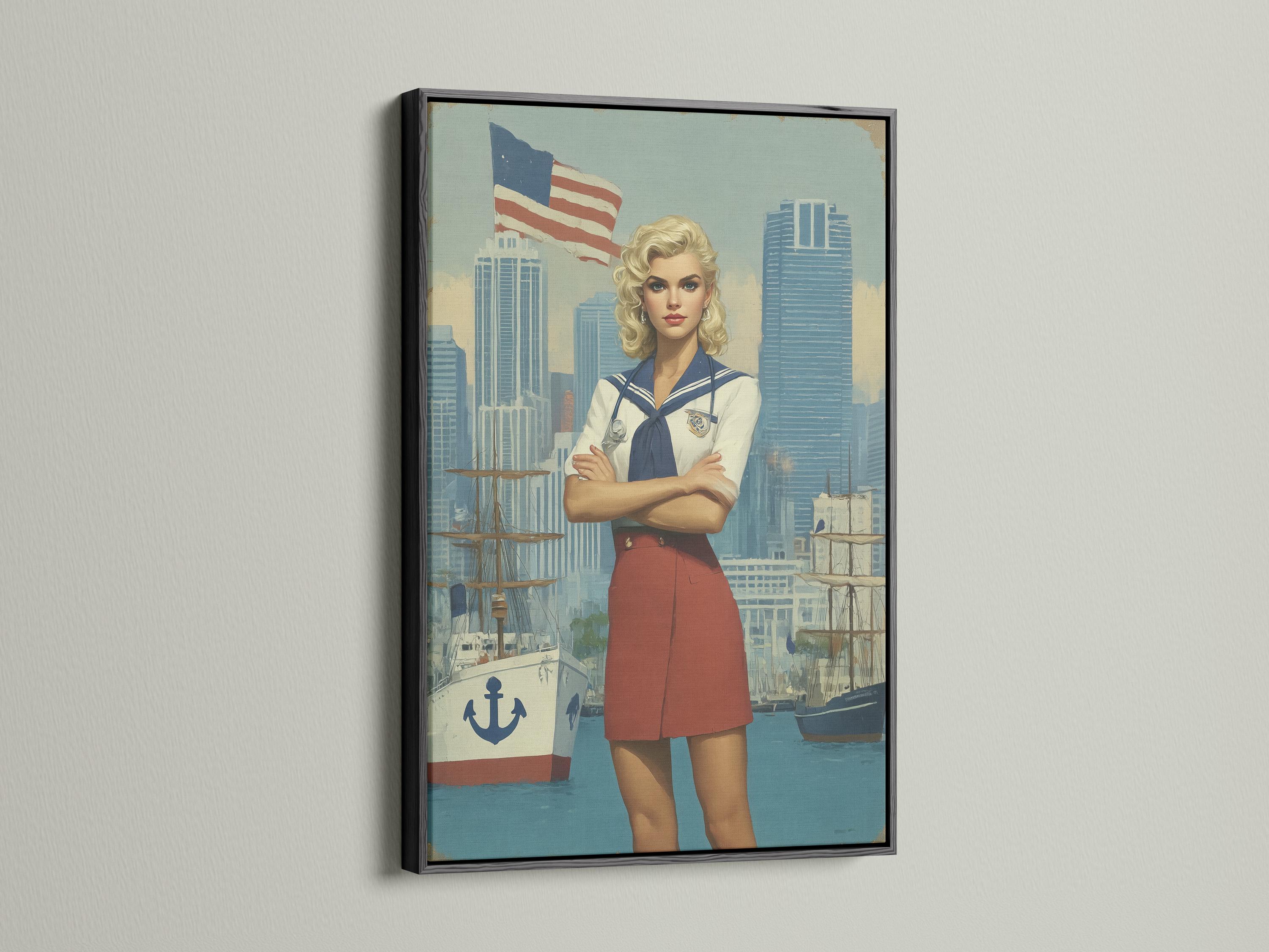 Stylised sailor-girl portrait with a waving American flag and harbour city background detail view