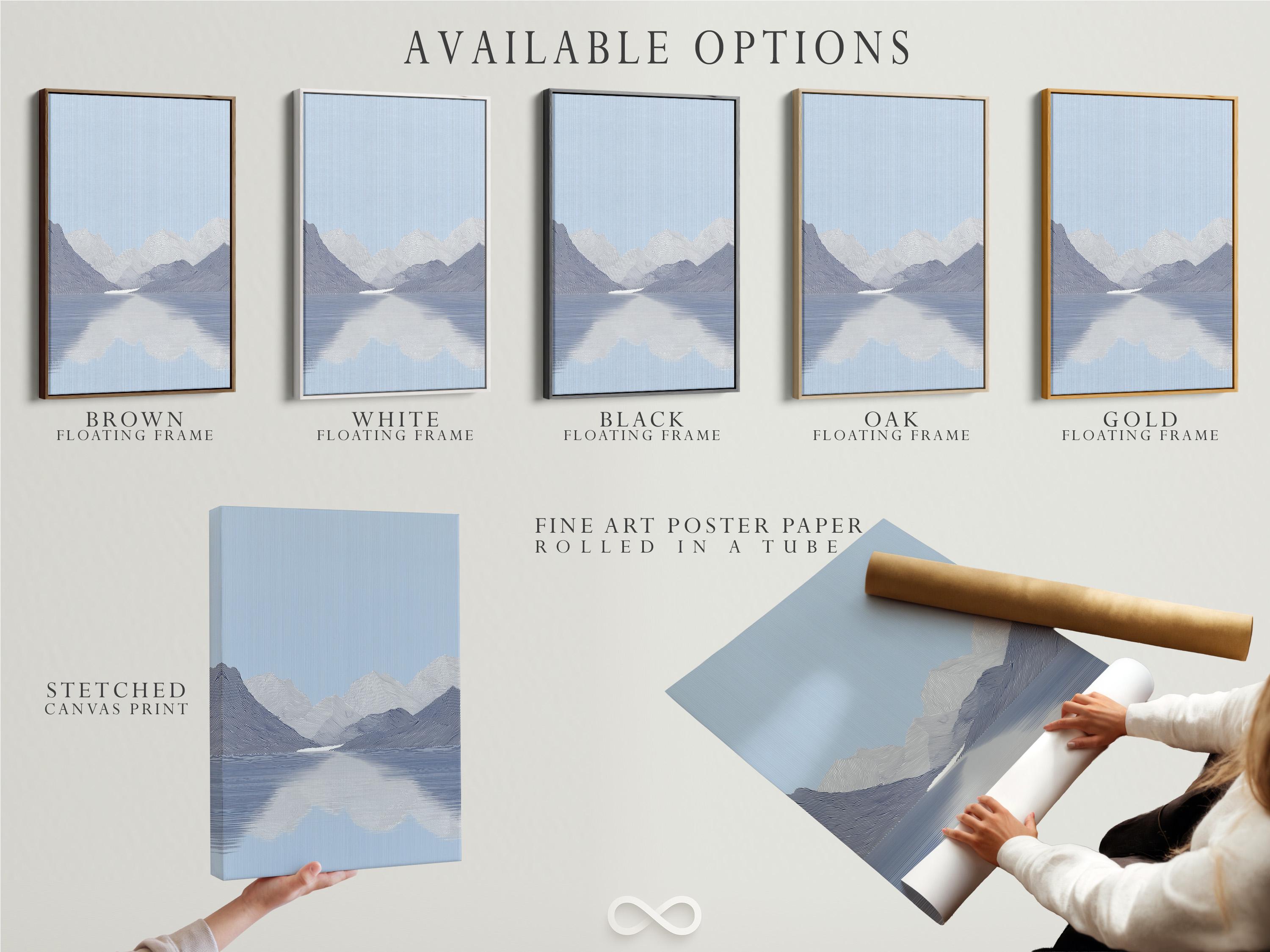 Minimalist light blue mountain landscape with layered contour lines and reflective water detail view