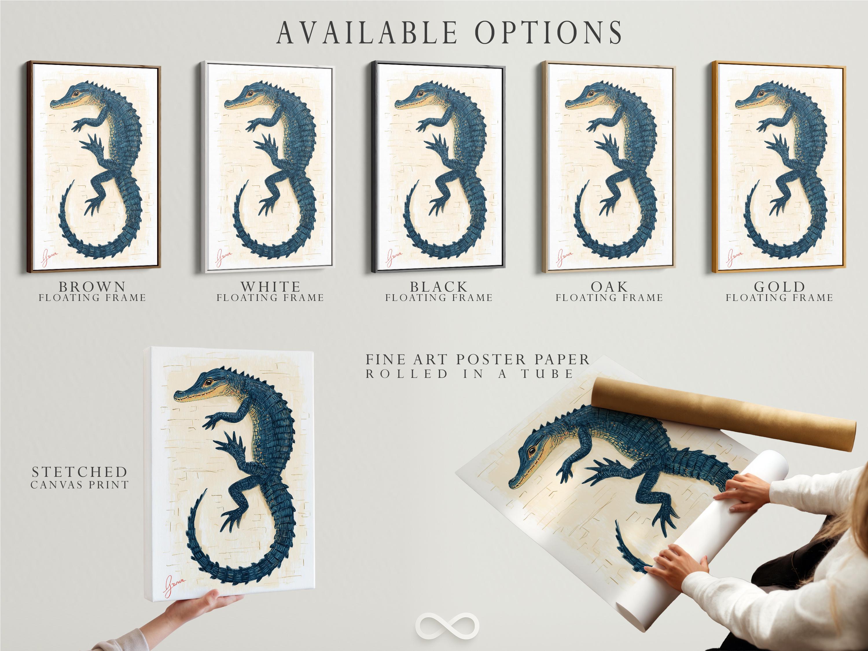 Blue alligator illustration forming a circular loop with scale-like linework on a cream background detail view