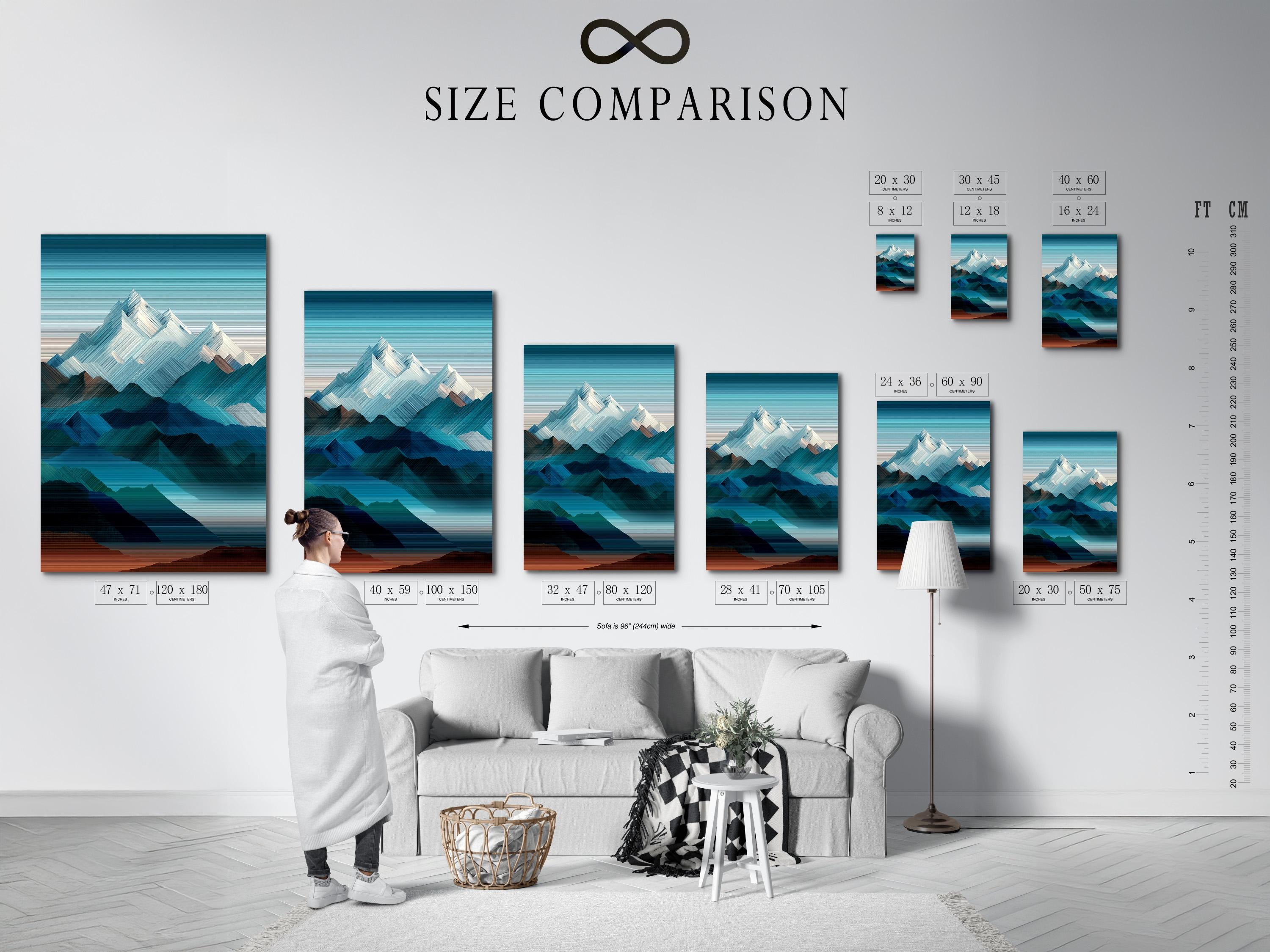 Abstract geometric mountainscape artwork with teal, navy and white peaks detail view