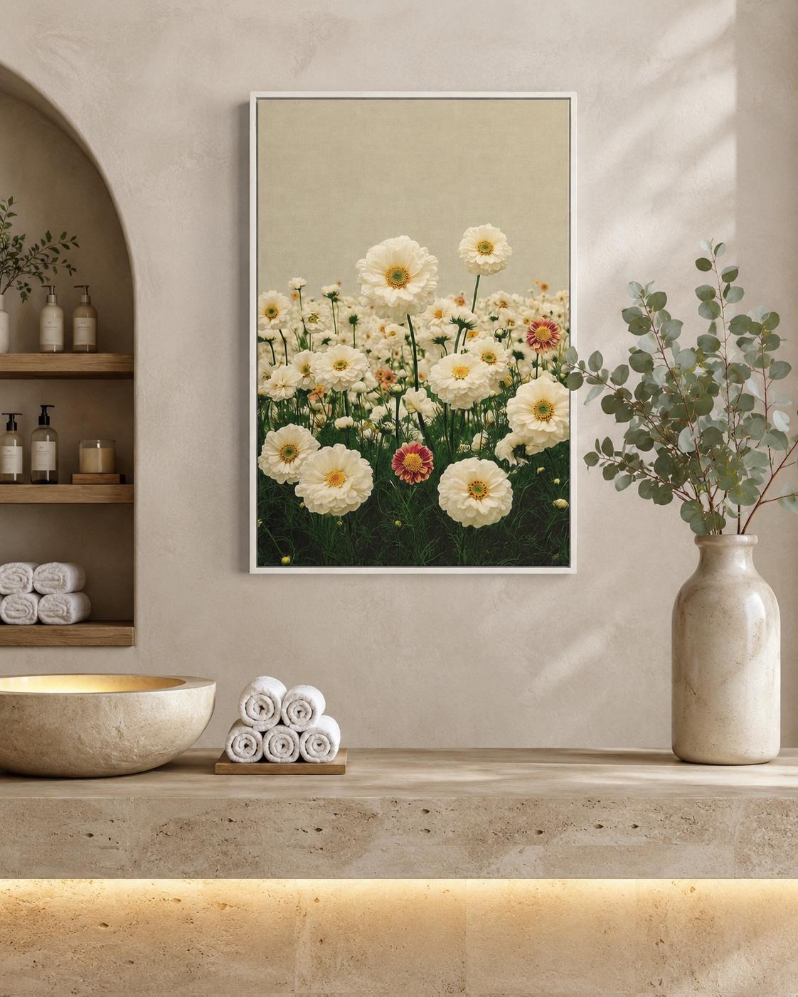 Room mockup showing a person holding flowers beside framed daisy meadow artwork