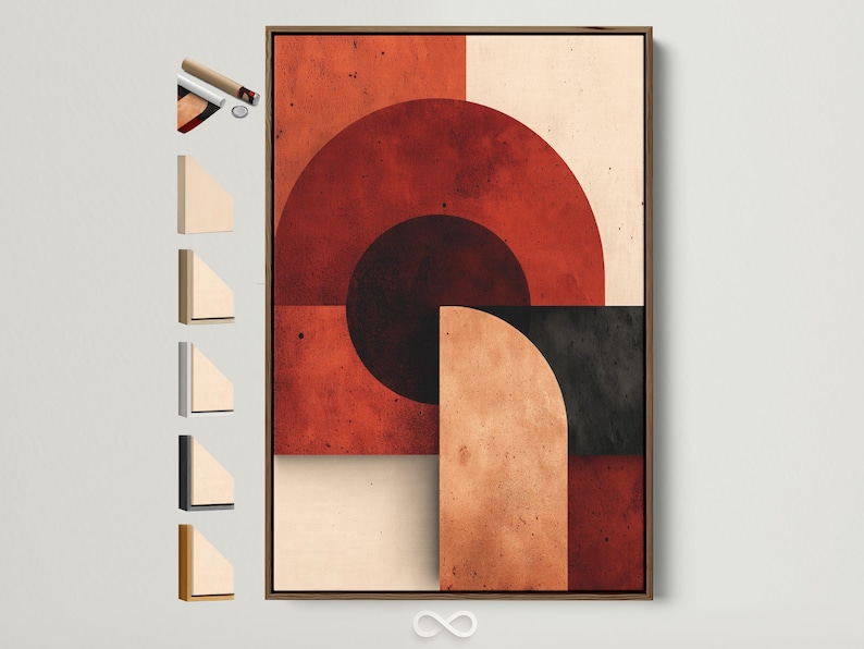 Abstract geometric artwork with overlapping circles in rust red, beige and charcoal