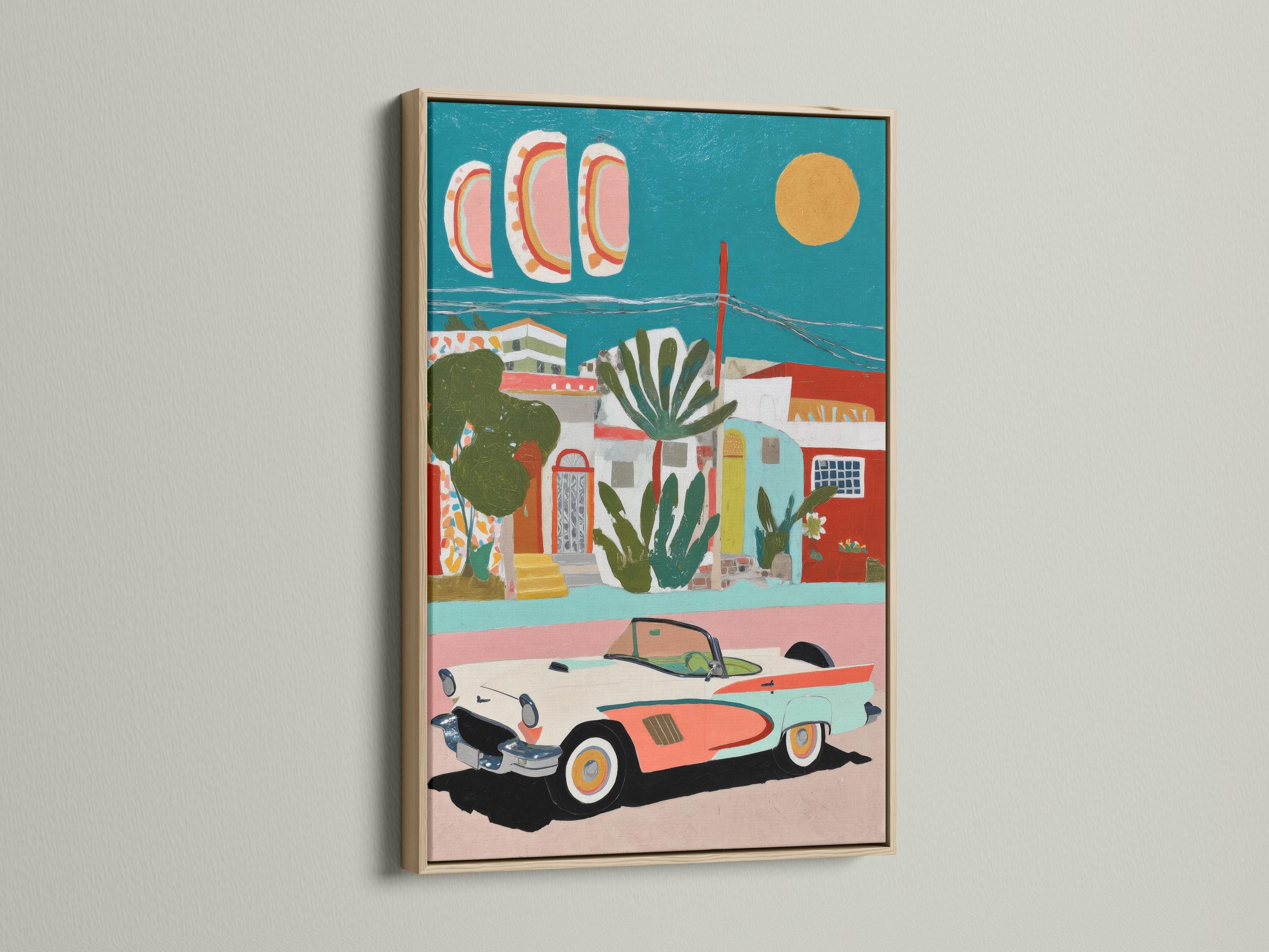 Retro car and coastal village artwork with teal sky and coral buildings detail view